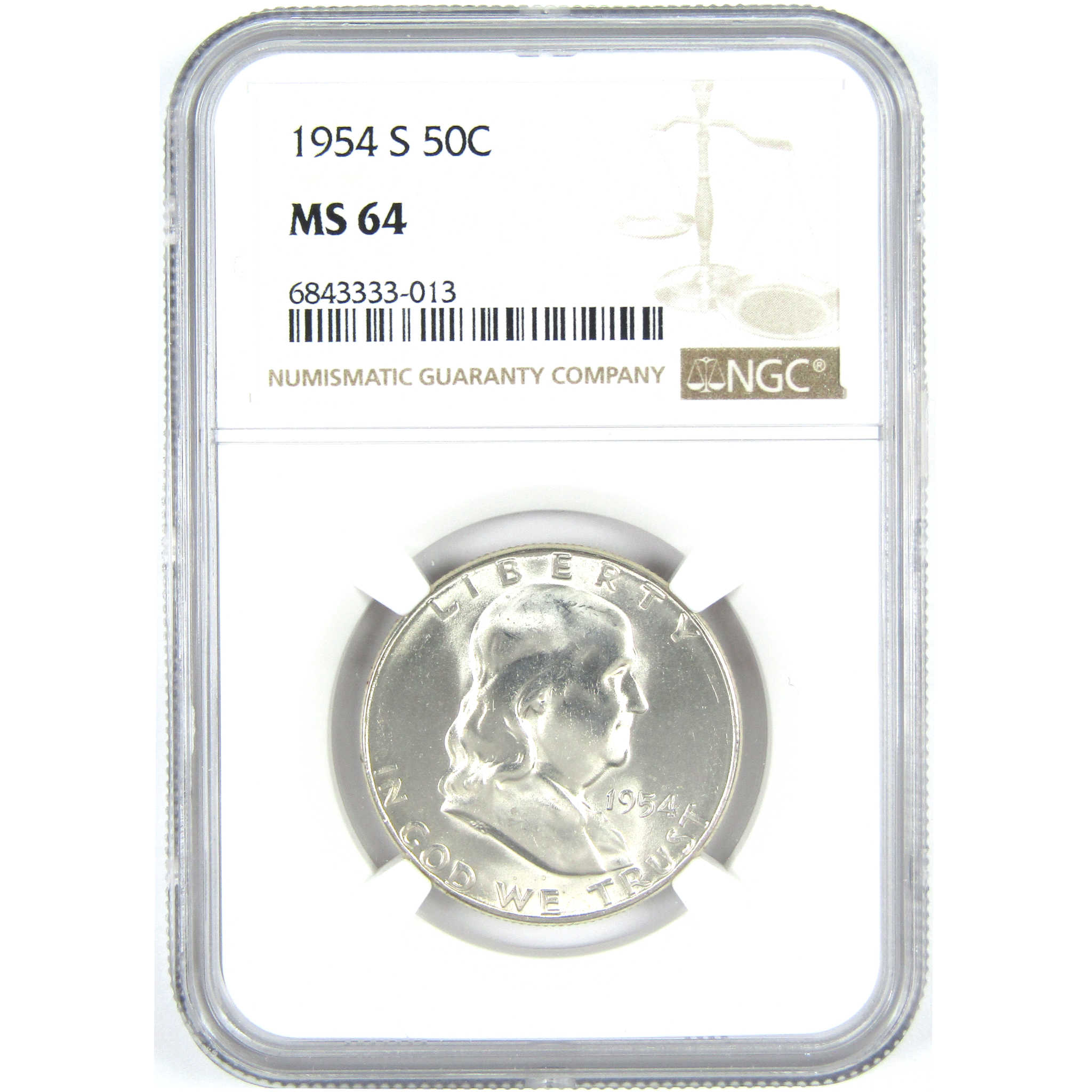 1954 S Franklin Half Dollar MS 64 NGC Silver 50c Unc Coin SKU:I15225