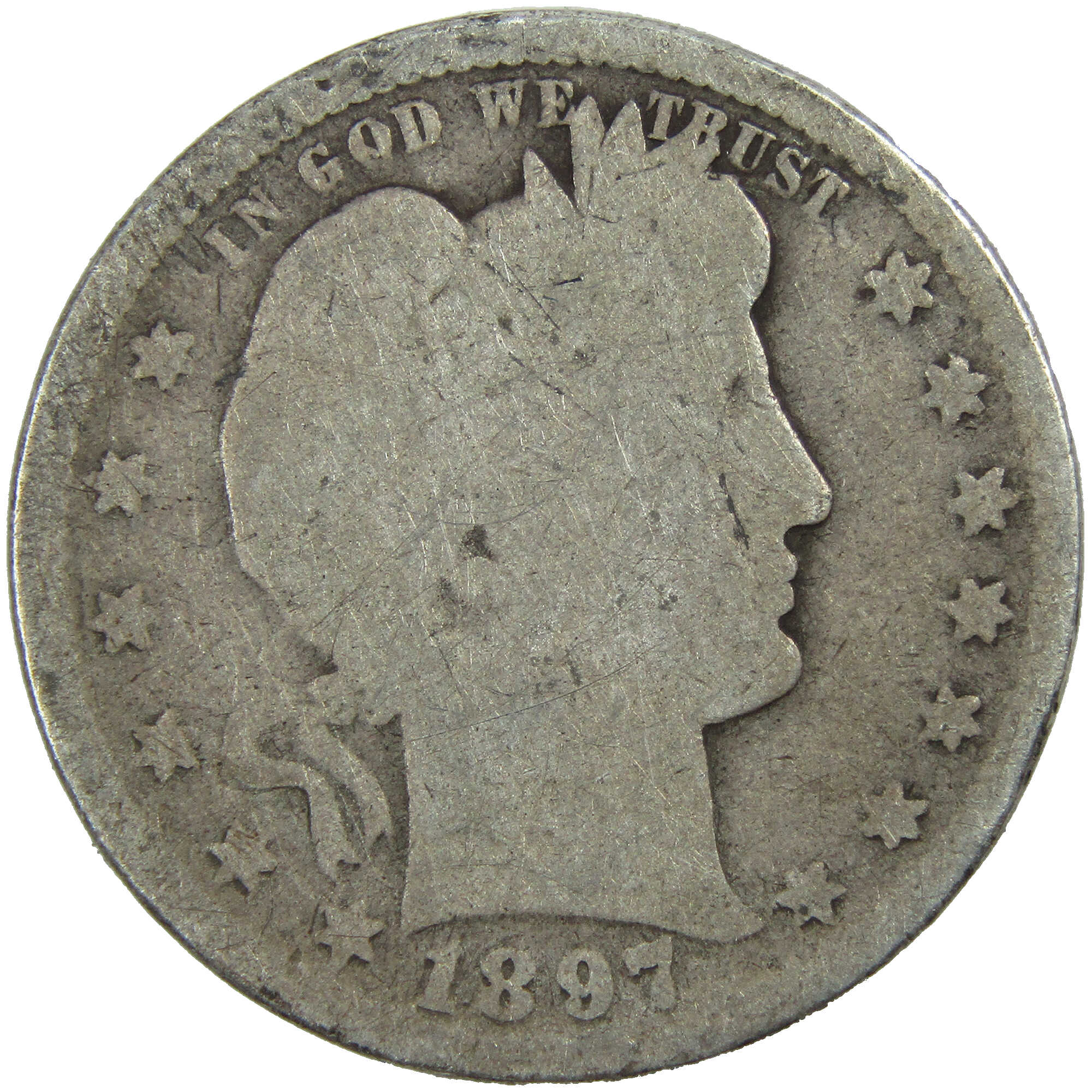 1897 Barber Quarter G Good Silver 25c Coin SKU:I12722
