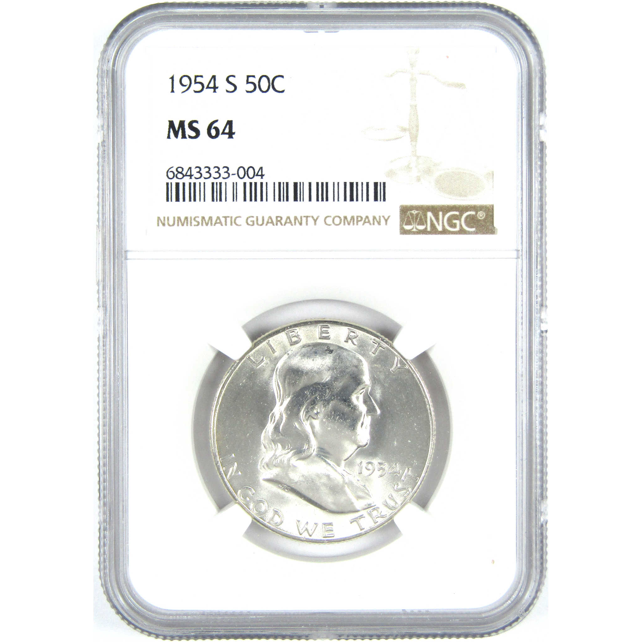 1954 S Franklin Half Dollar MS 64 NGC Silver 50c Unc Coin SKU:I15226