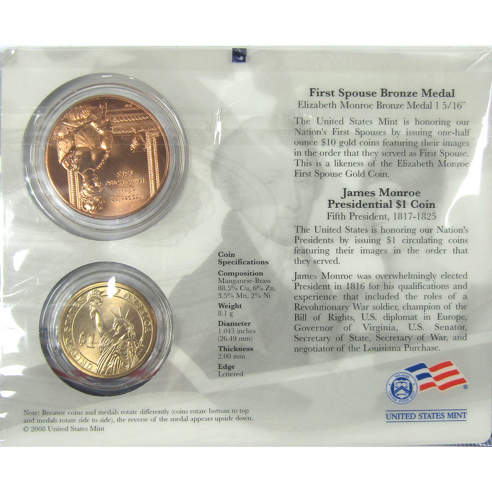 2008 James Monroe First Spouse 2 Piece Set Unc SKU:CPC8974