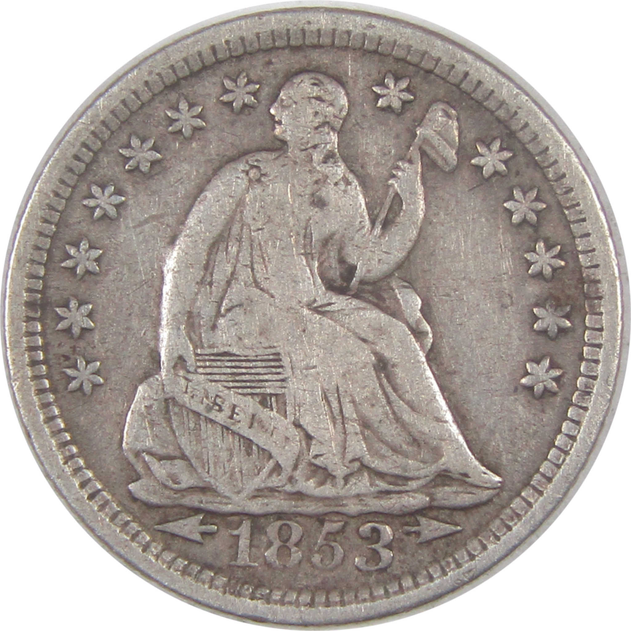 1853 Arrows Seated Liberty Half Dime F Fine Silver 5c Coin SKU:I17128