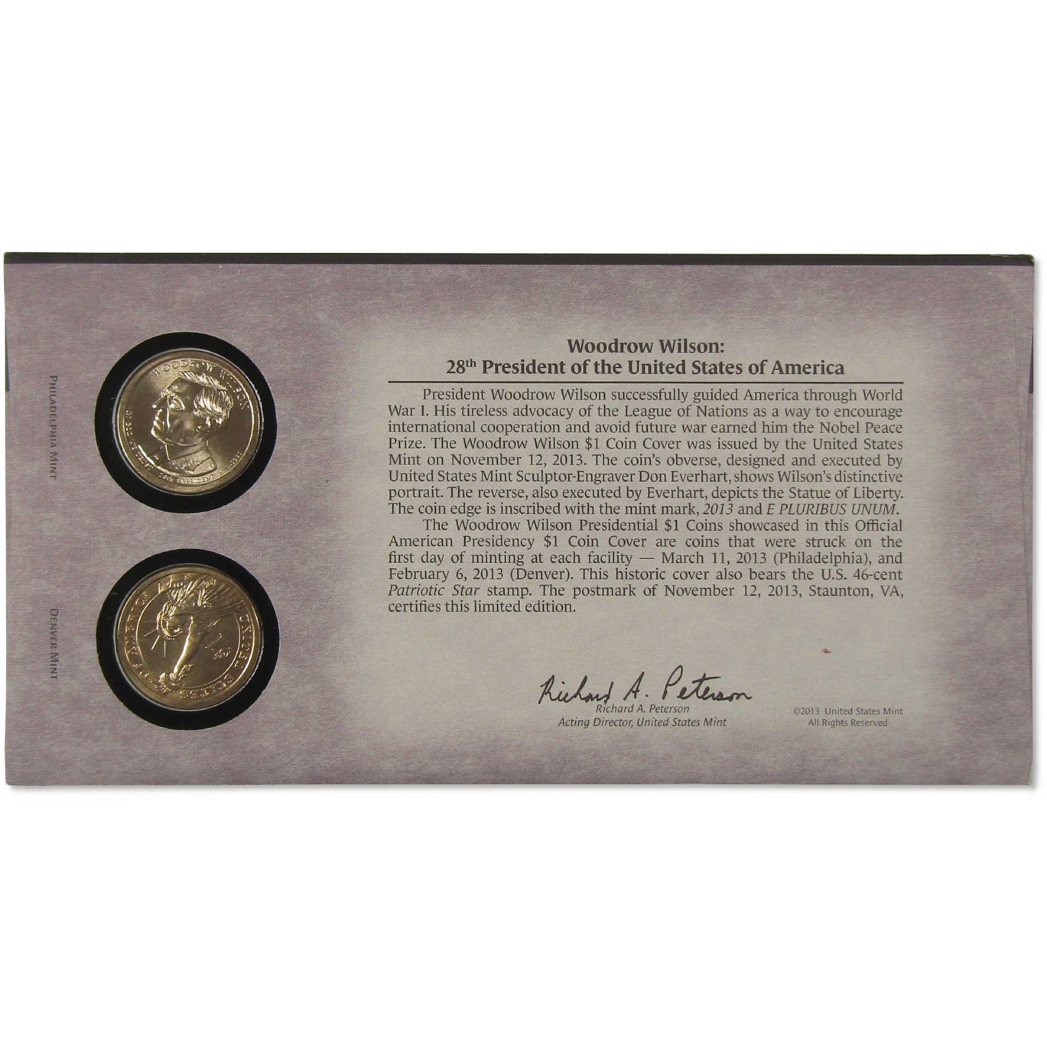 2013 Woodrow Wilson American Presidency $1 Coin Cover SKU:CPC9869