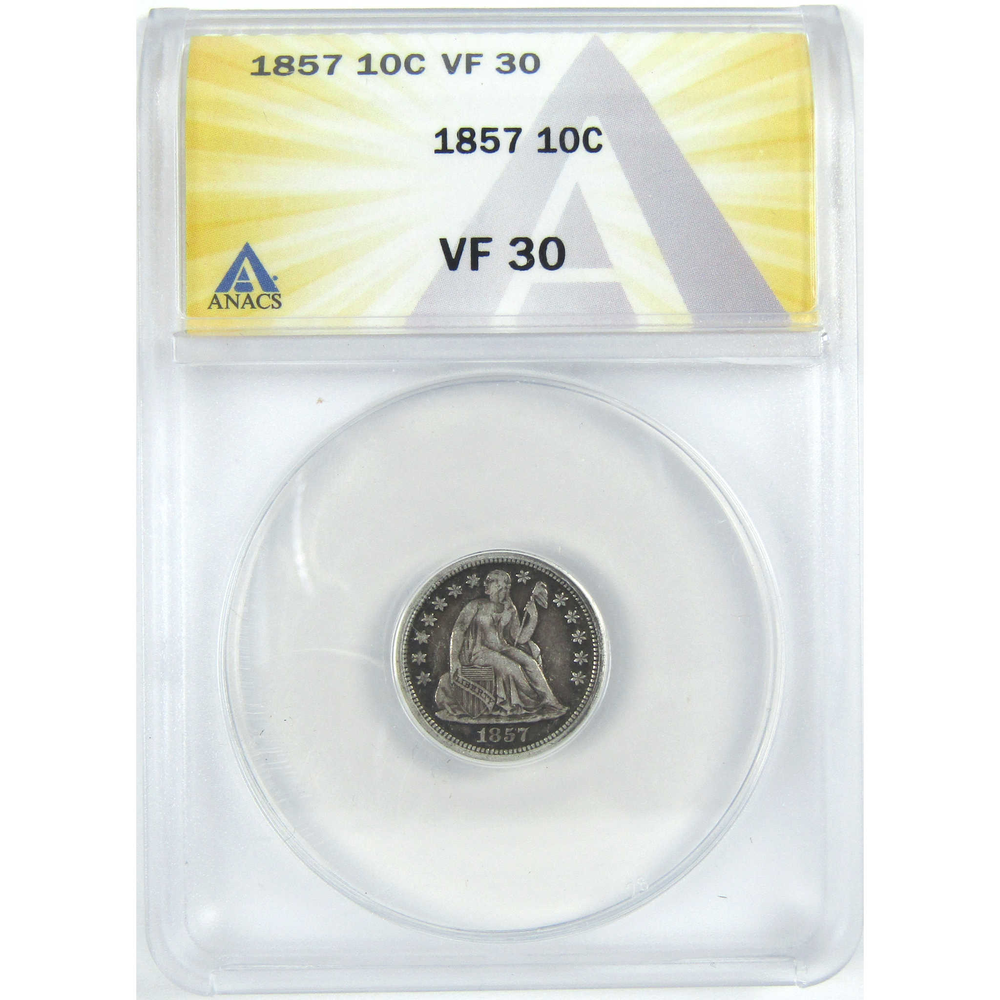 1857 Seated Liberty Dime VF 30 ANACS Silver 10c Coin SKU:I16300