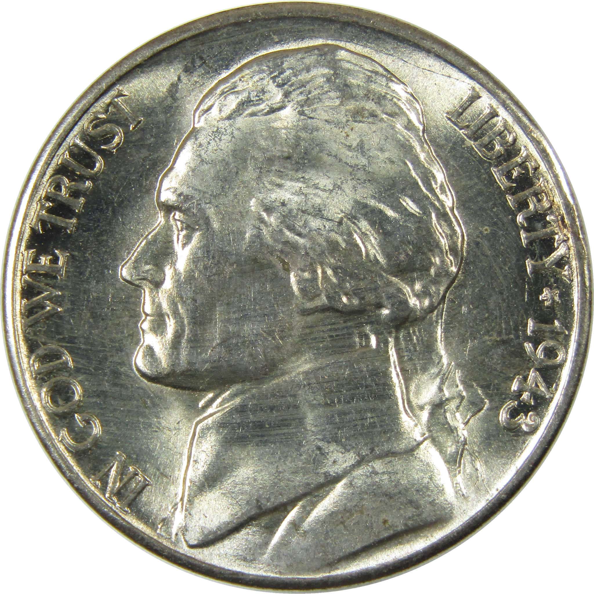 1943 D Jefferson Wartime Silver Nickel Uncirculated Mint State 5c Coin