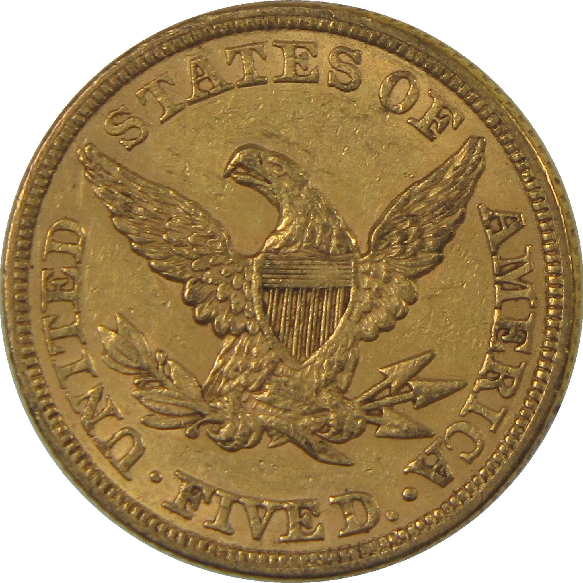 1857 Liberty Head Gold Half Eagle AU About Uncirculated $5 Coin