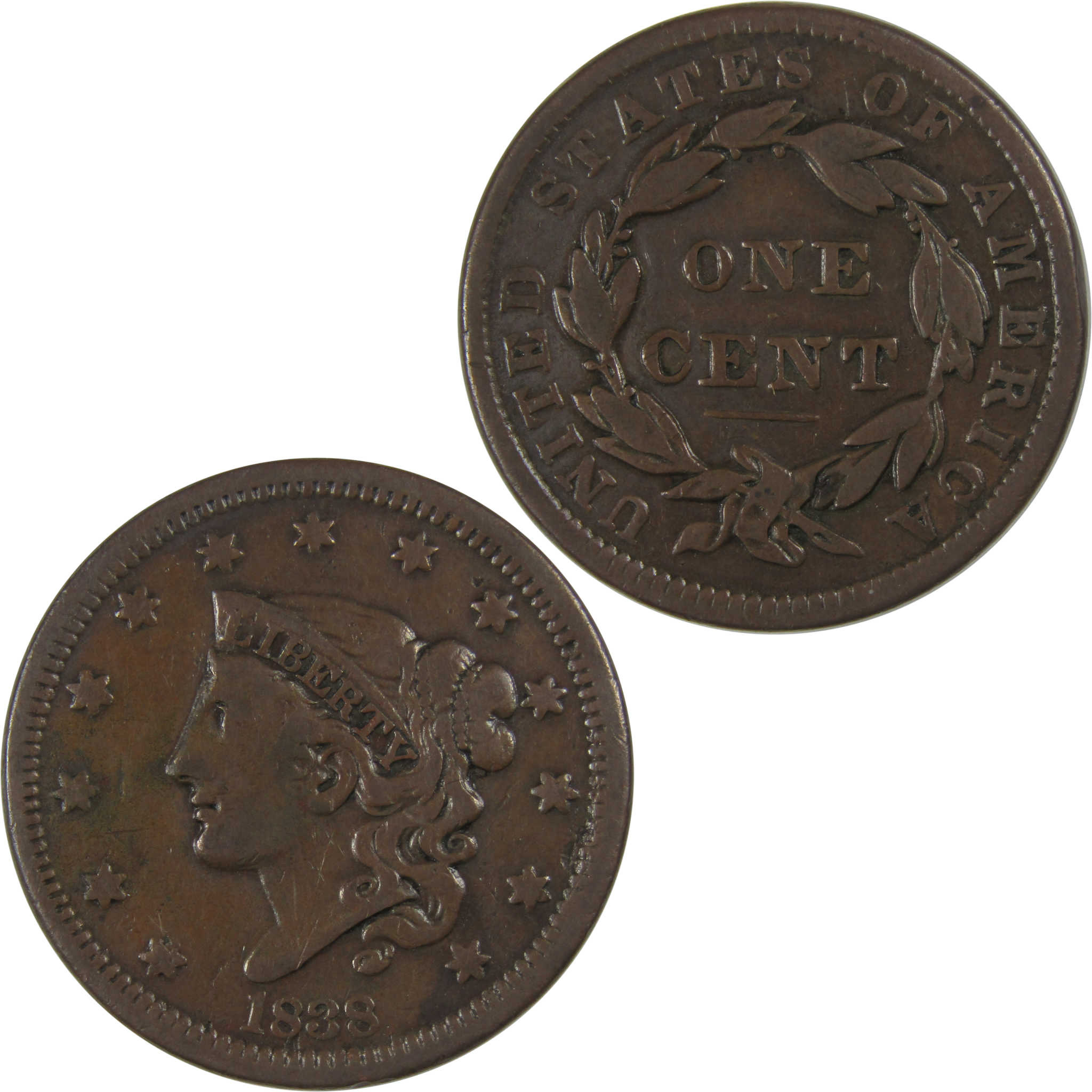 1838 Coronet Head Large Cent VF Very Fine Copper Penny SKU:I23426