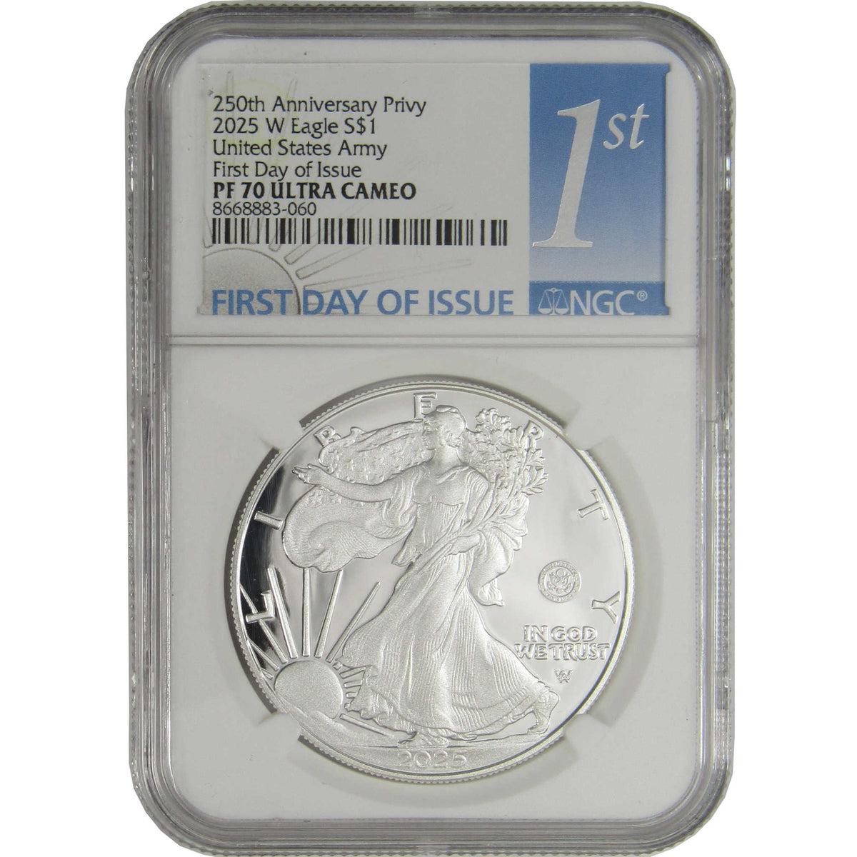 2025 W U.S. Army Privy Mark Silver Eagle PF 70 UCAM NGC First Day
