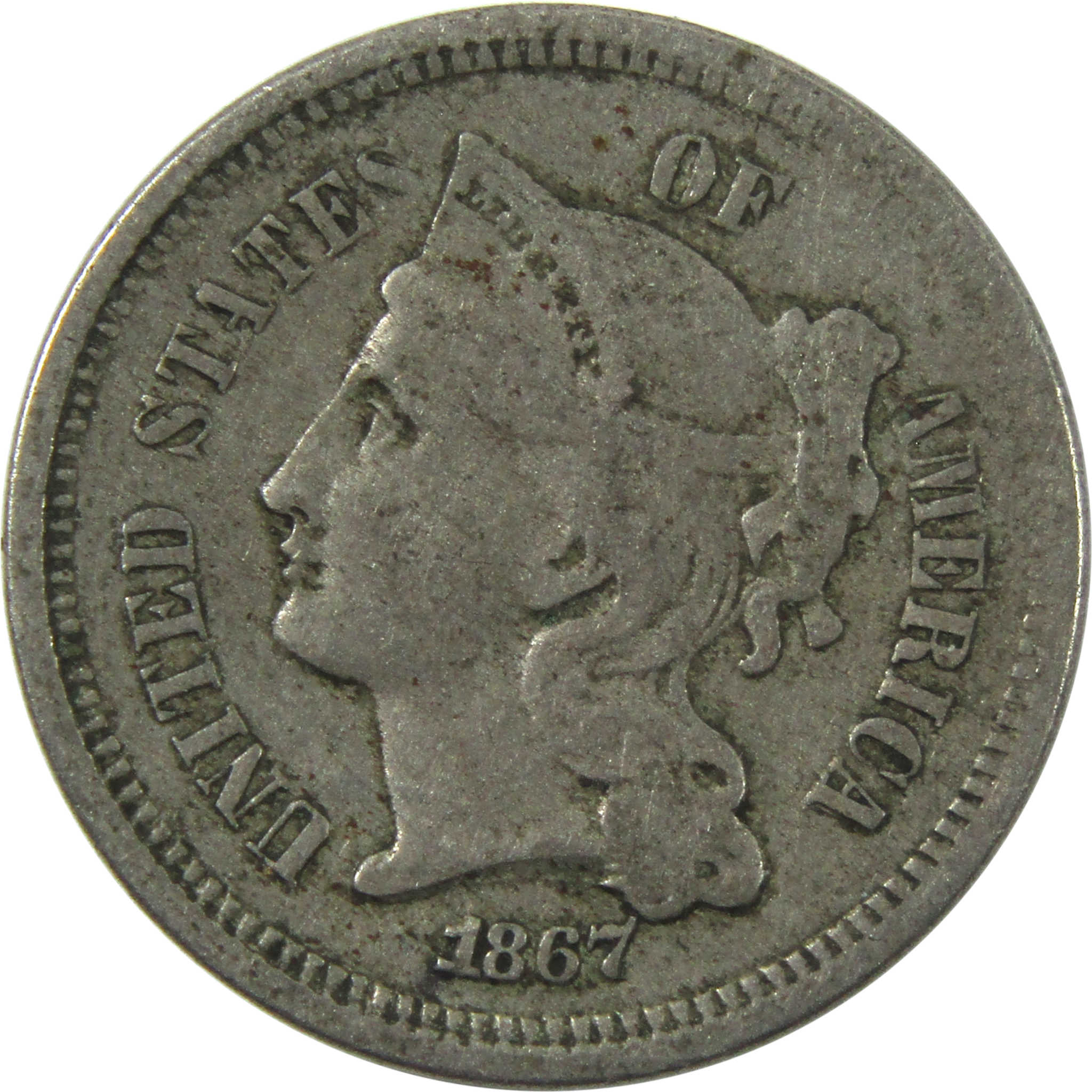 1867 Nickel Three Cent Piece F Fine 3c Coin SKU:I14133