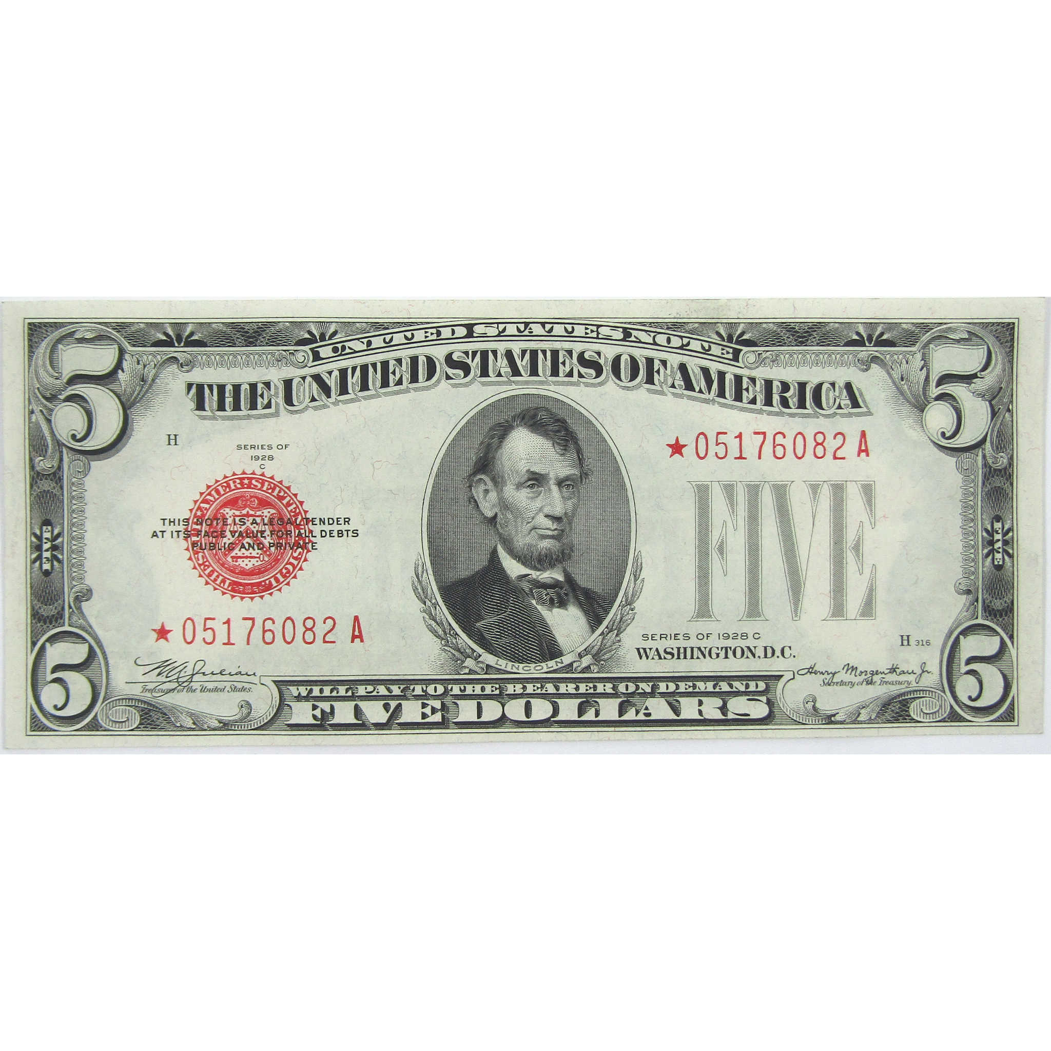 1928C $5 Small Size Legal Tender Note FR1528 AU Currency Star Note