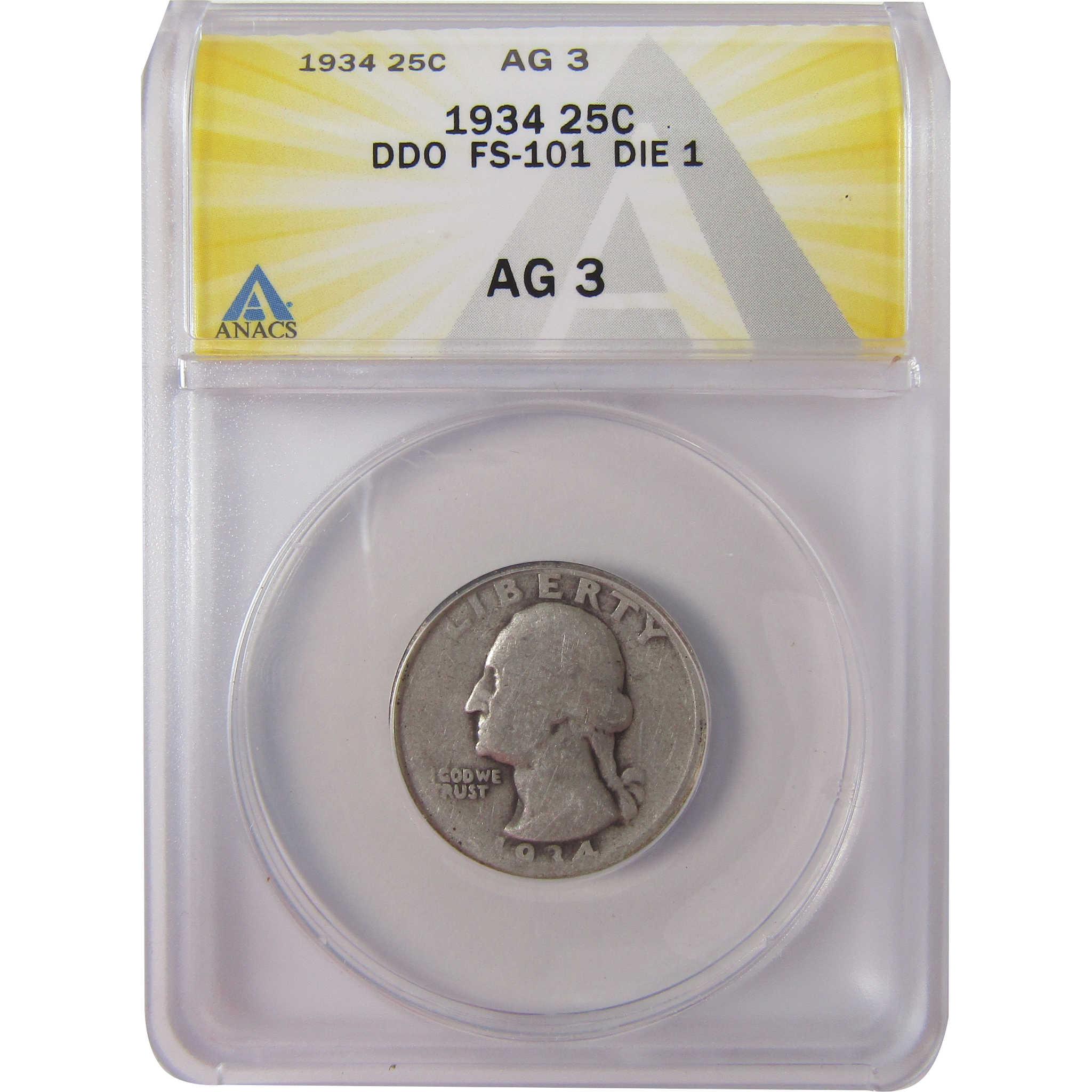 1934 DDO FS-101 Die 1 Washington Silver Quarter AG 3 ANACS SKU:I25625