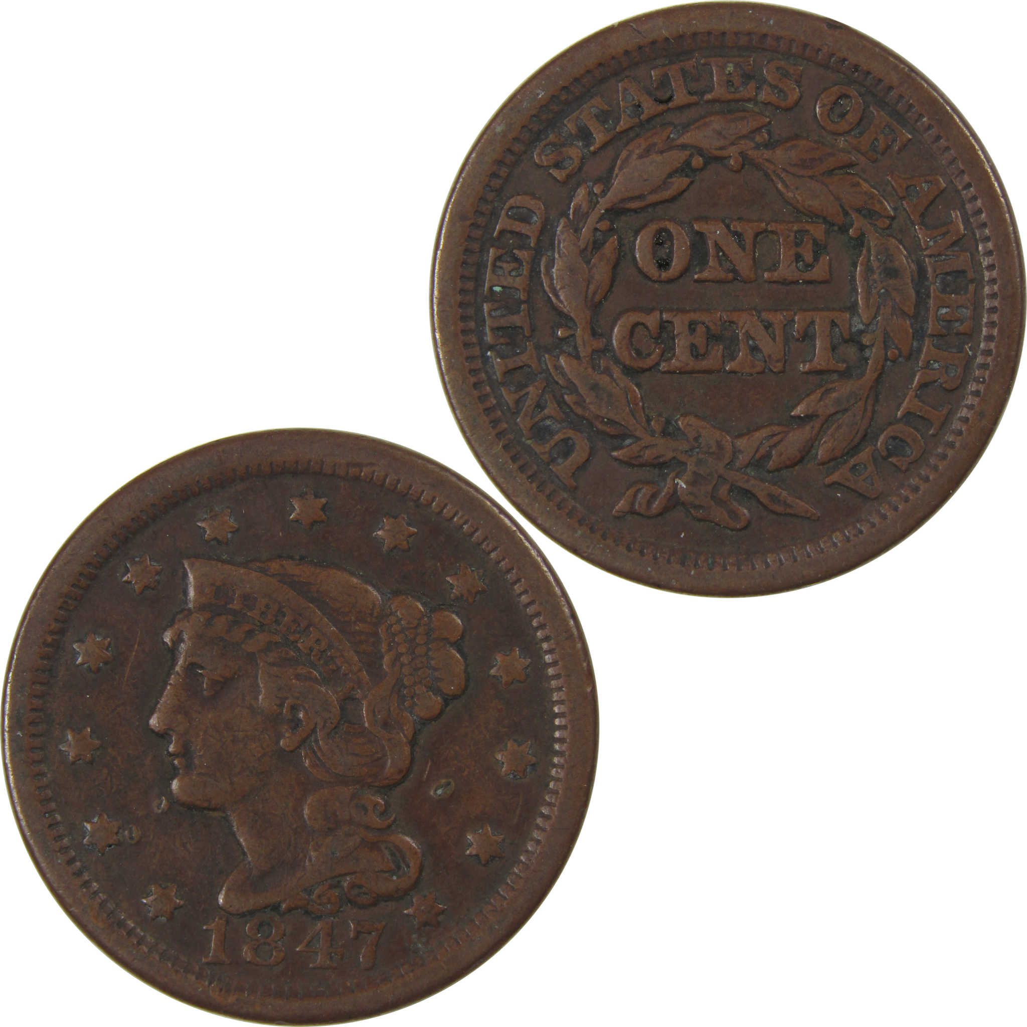 1847 Braided Hair Large Cent VF Very Fine Copper Penny SKU:I23841