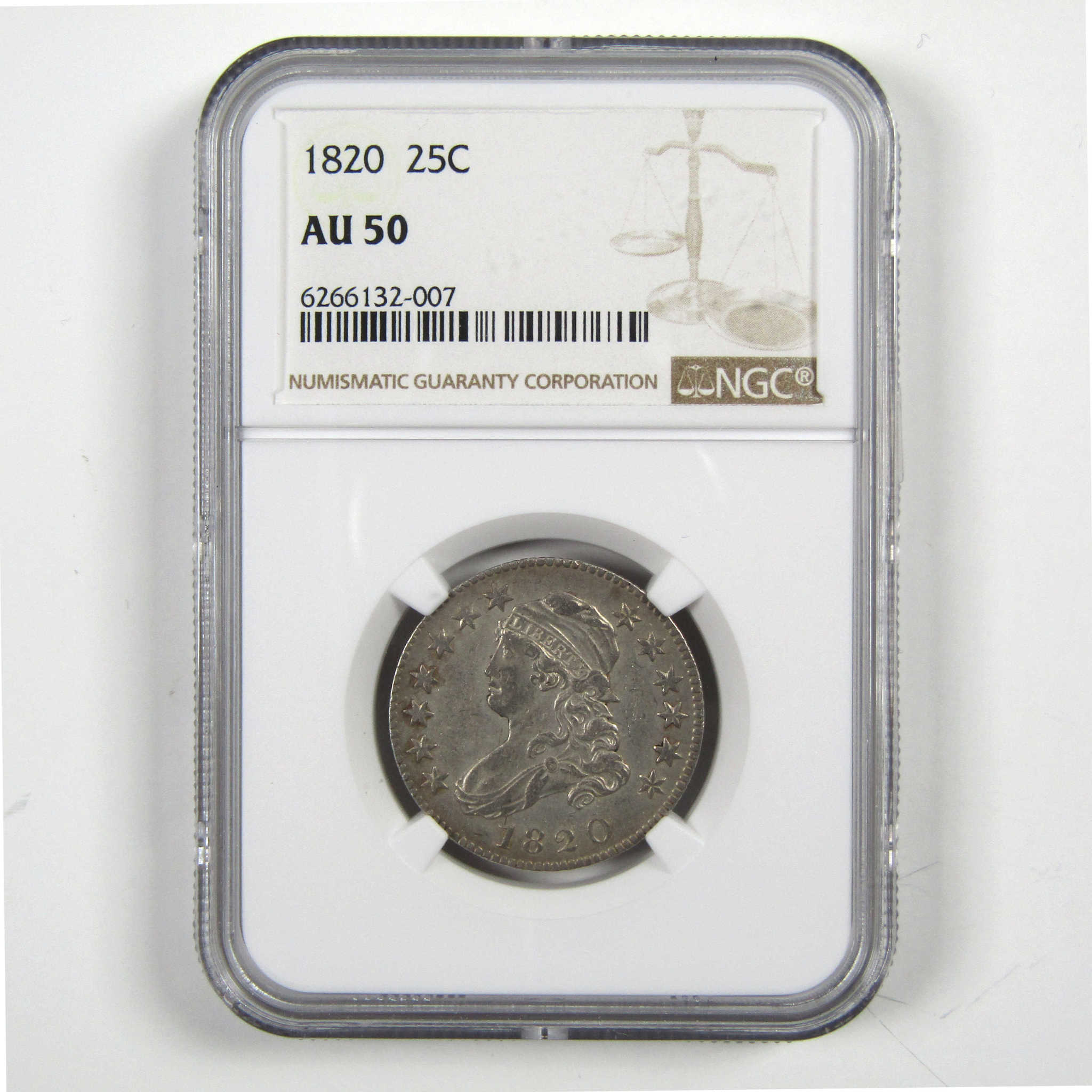 1820 Large 0 Capped Bust Quarter AU 50 NGC 89.24% Silver 25c SKU:I4974