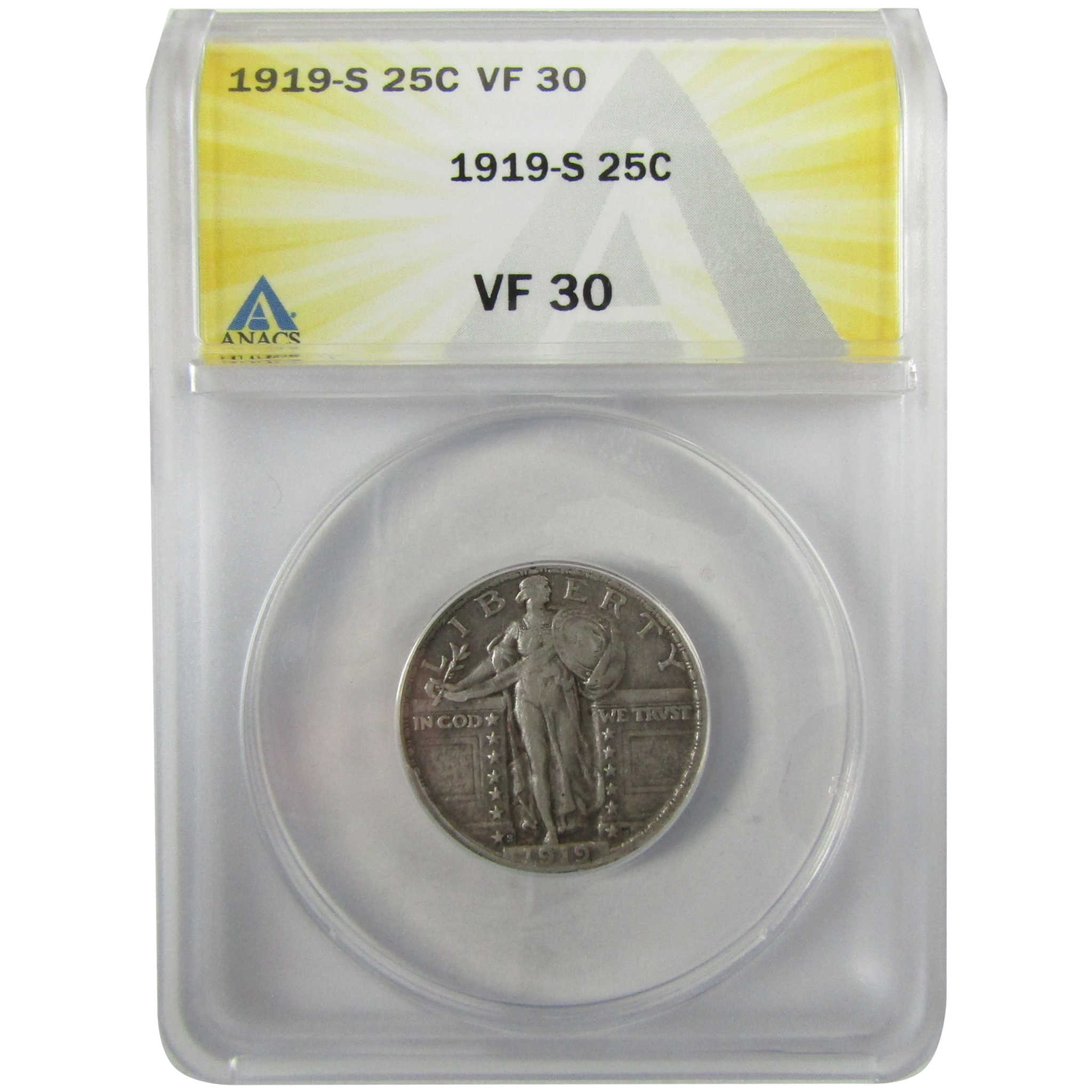 1919 S Standing Liberty Silver Quarter VF 30 ANACS 25c Coin SKU:I28015