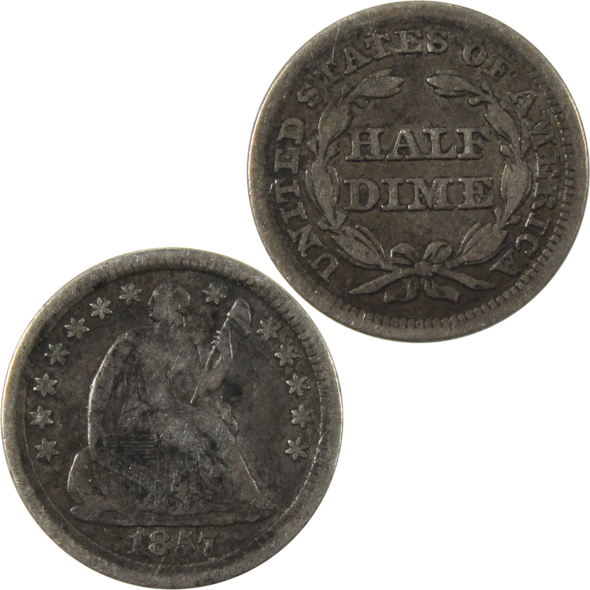 1857 Seated Liberty Half Dime F Fine Silver 5c Coin SKU:I14138