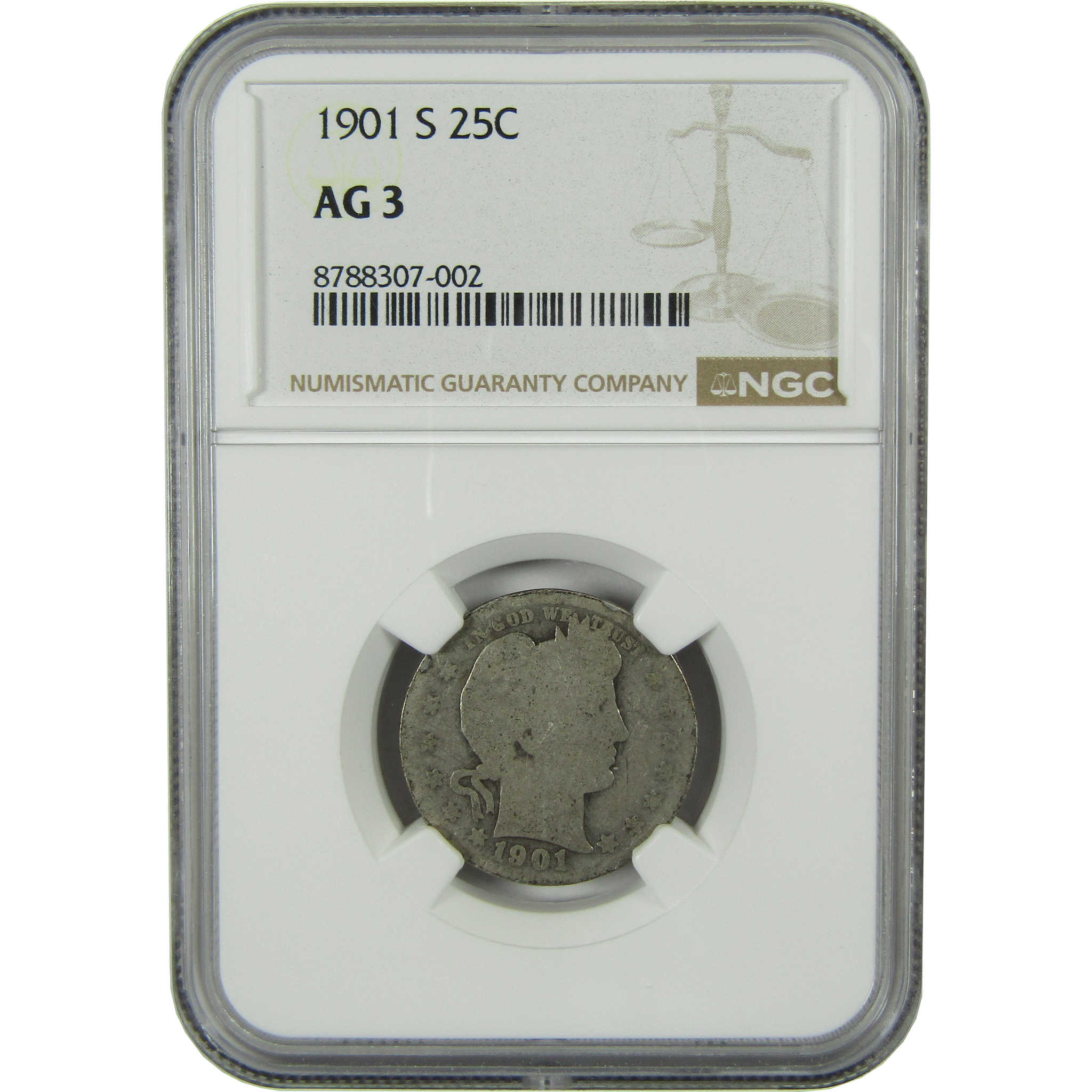 1901 S Barber Silver Quarter AG 3 NGC 25c Coin Collectible SKU:CP1602