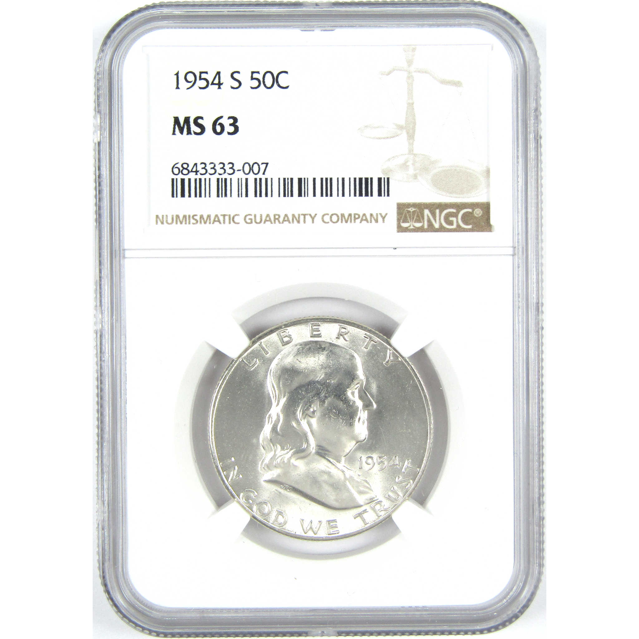 1954 S Franklin Half Dollar MS 63 NGC Silver 50c Unc Coin SKU:I15239