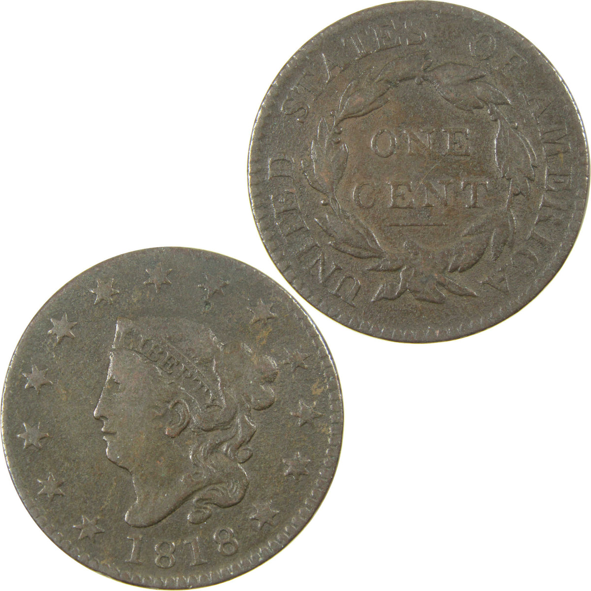 1818 Coronet Head Copper Large Cent F Fine Penny 1c Coin SKU:CP1790