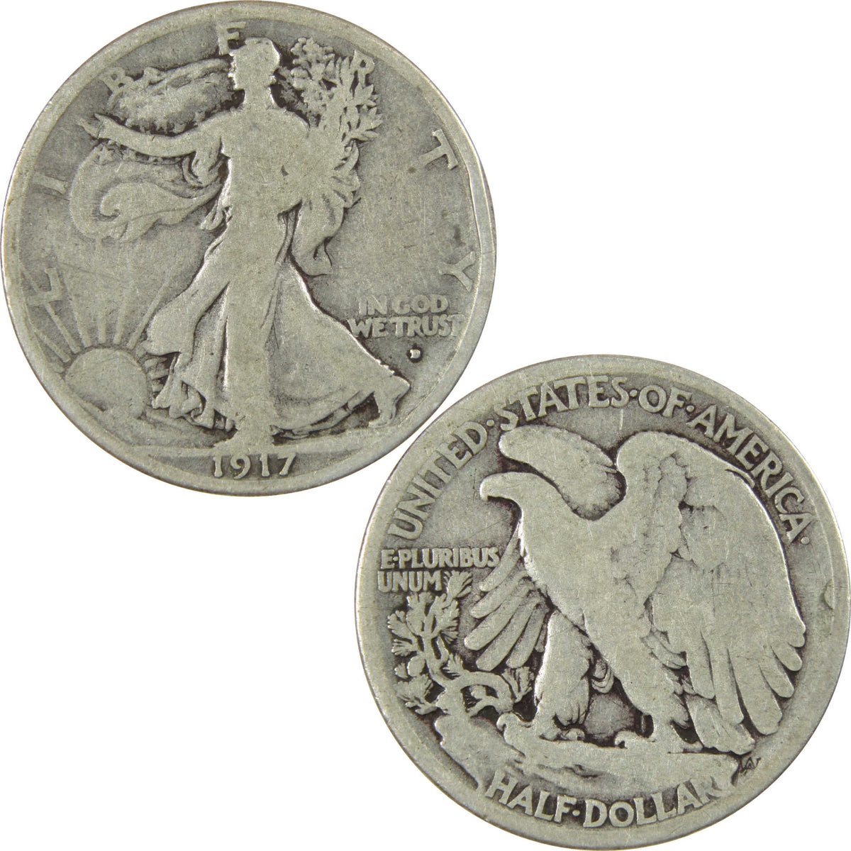 1917 D Obverse Liberty Walking Silver 50c G Good Details SKU:I28624