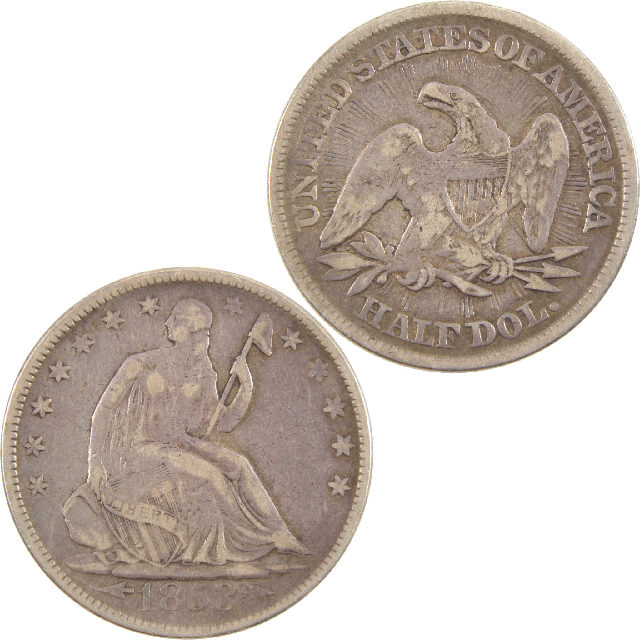 1853 Seated Liberty Half Dollar F Fine 90% Silver 50c Coin SKU:CPC4972