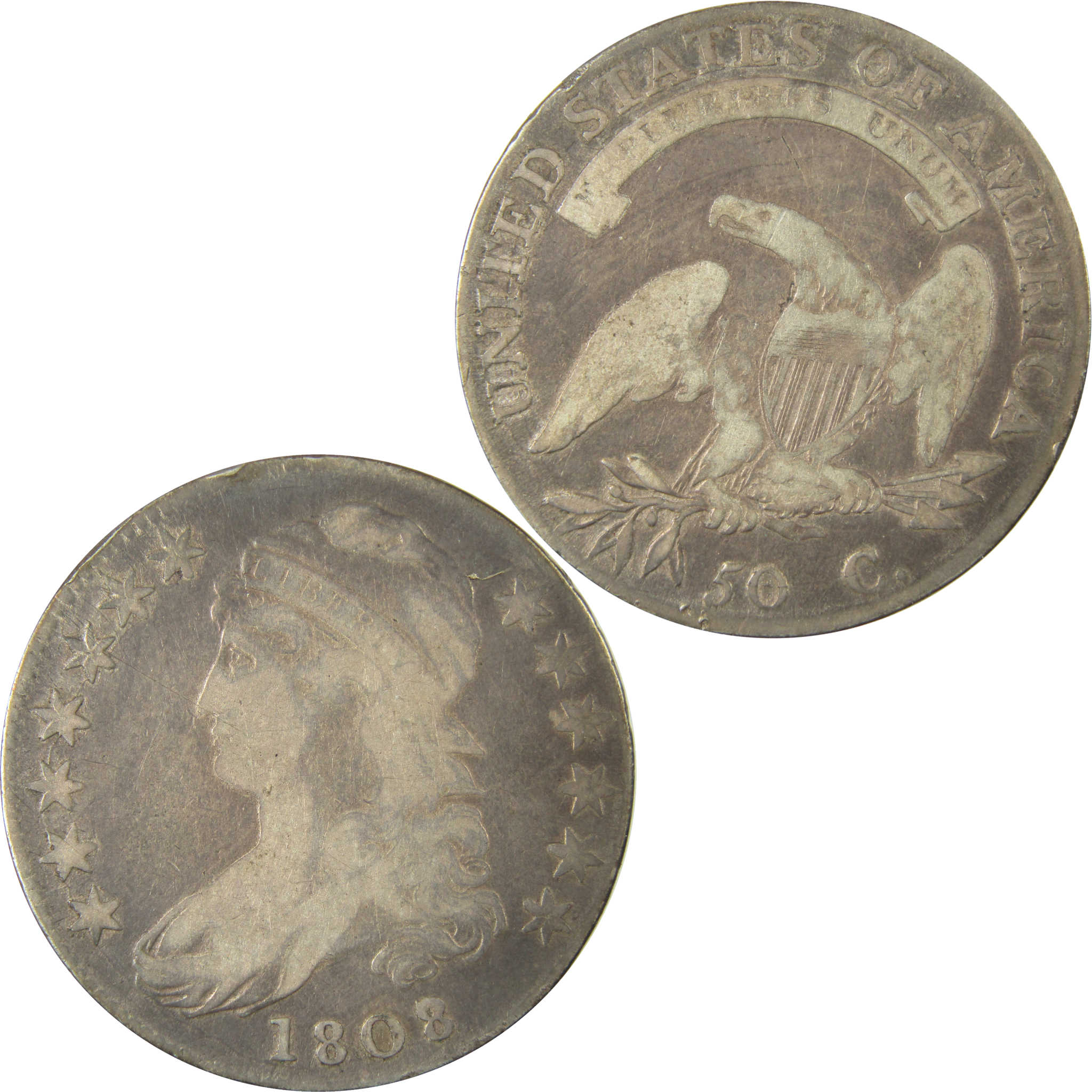 1808/7 Capped Bust Silver 50c VG Very Good Details SKU:CP1501