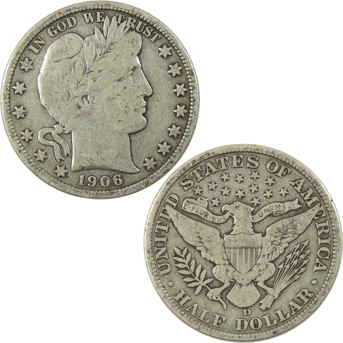 1906 D Barber Silver Half Dollar AF About Fine 50c Coin Collectible