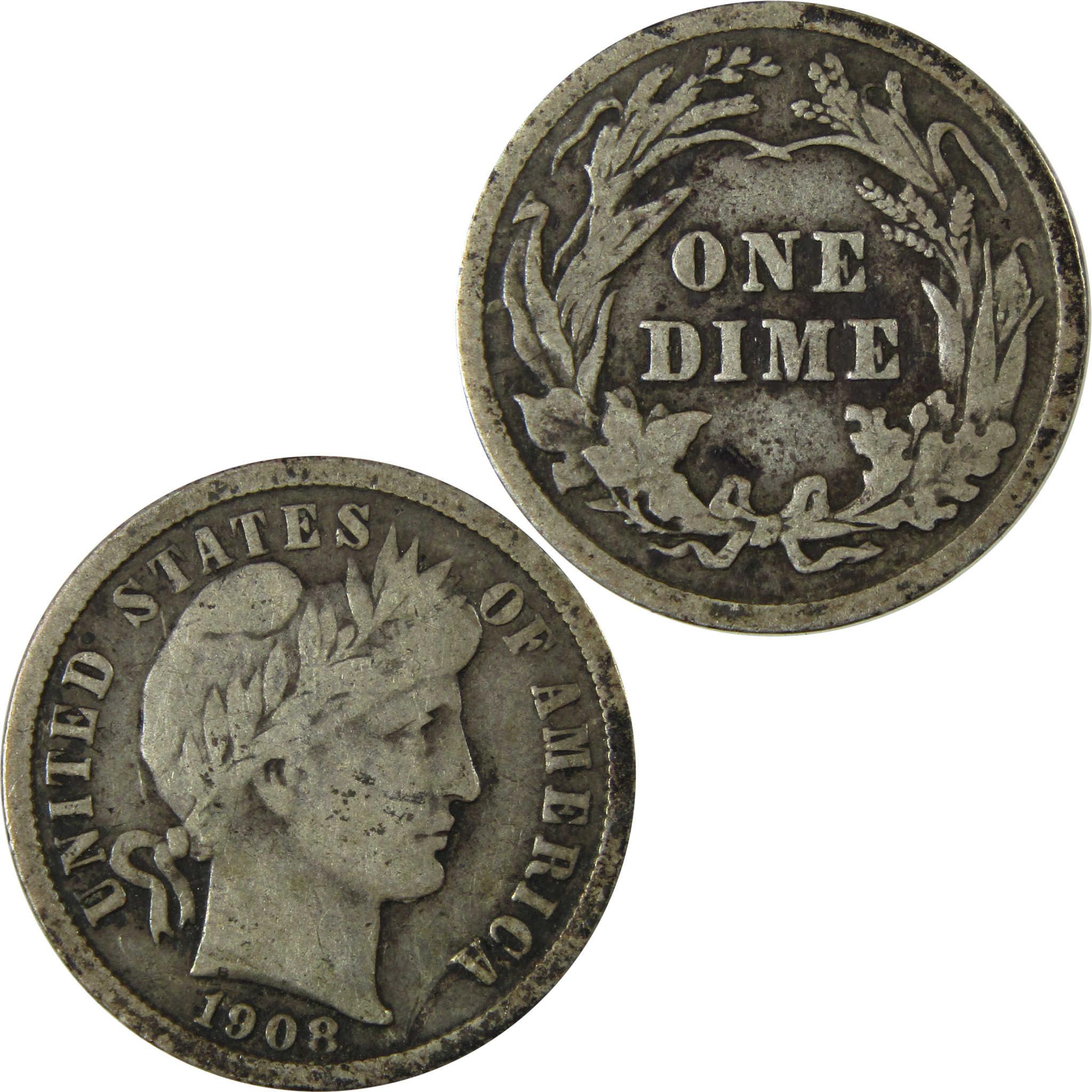 1908 Barber Silver Dime F Fine 10c Coin Collectible SKU:CP982
