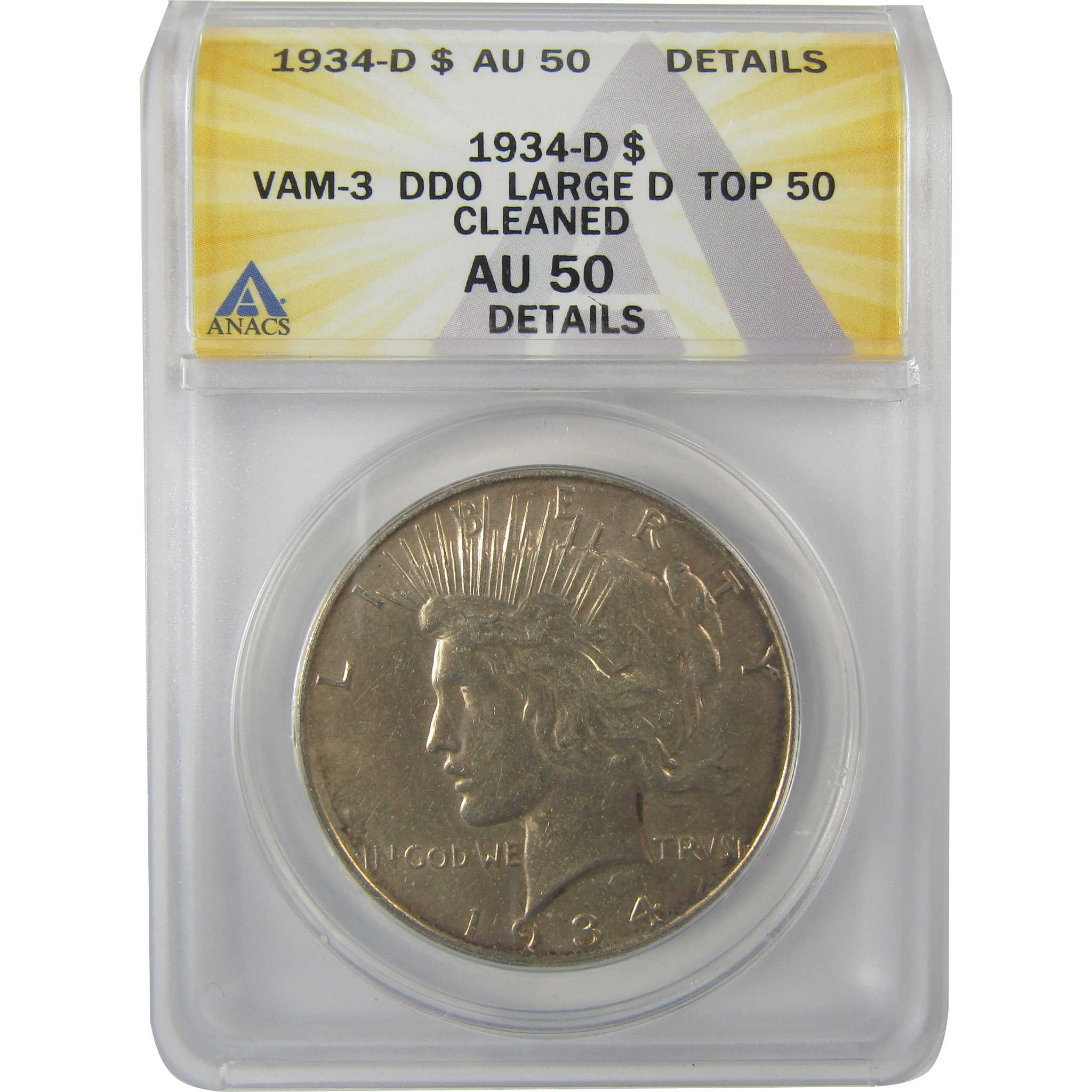 1934 D VAM-3 DDO Large D Peace Dollar AU 50 Details ANACS SKU:I21576