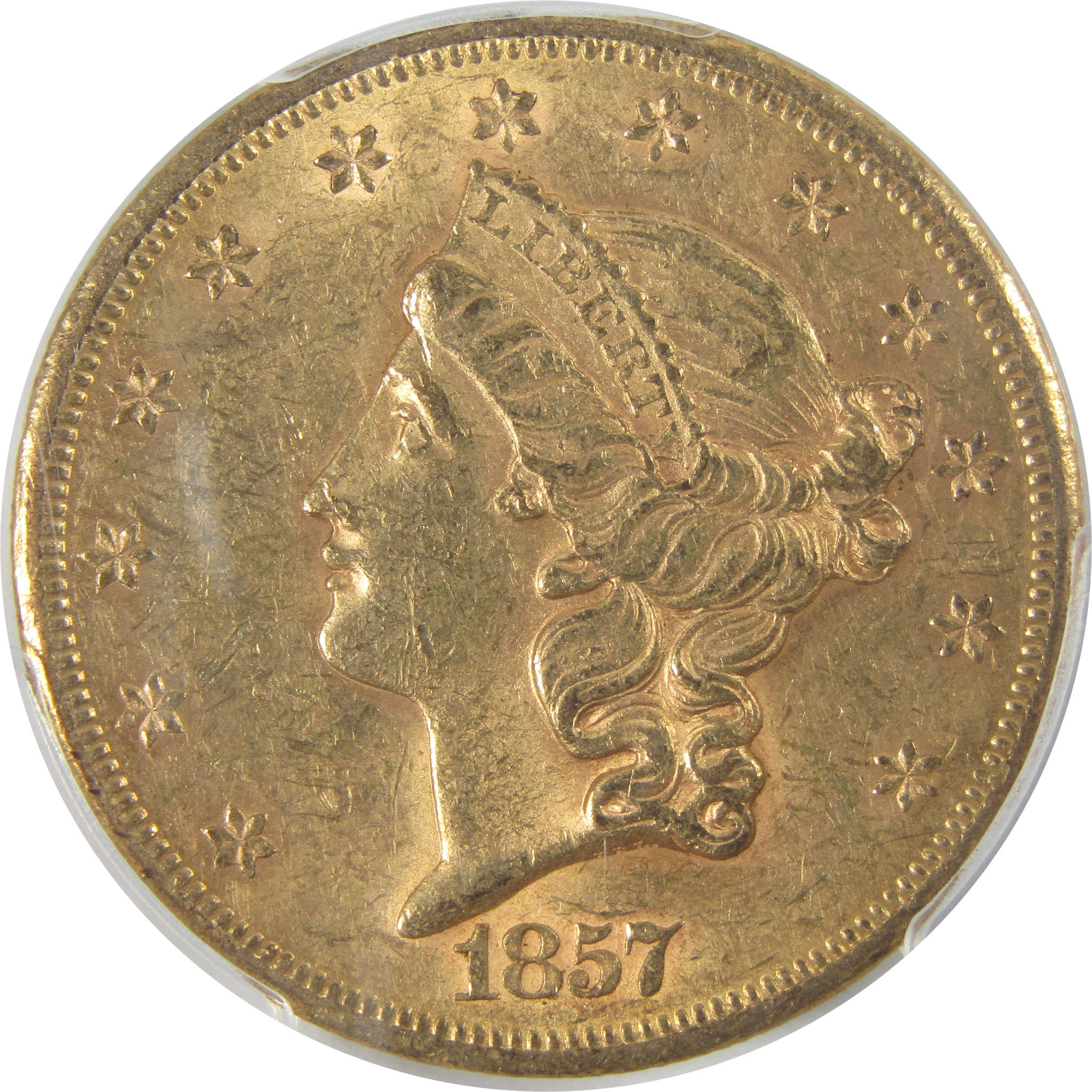 1857 S Liberty Head Double Eagle AU 58+ PCGS Gold $20 Coin