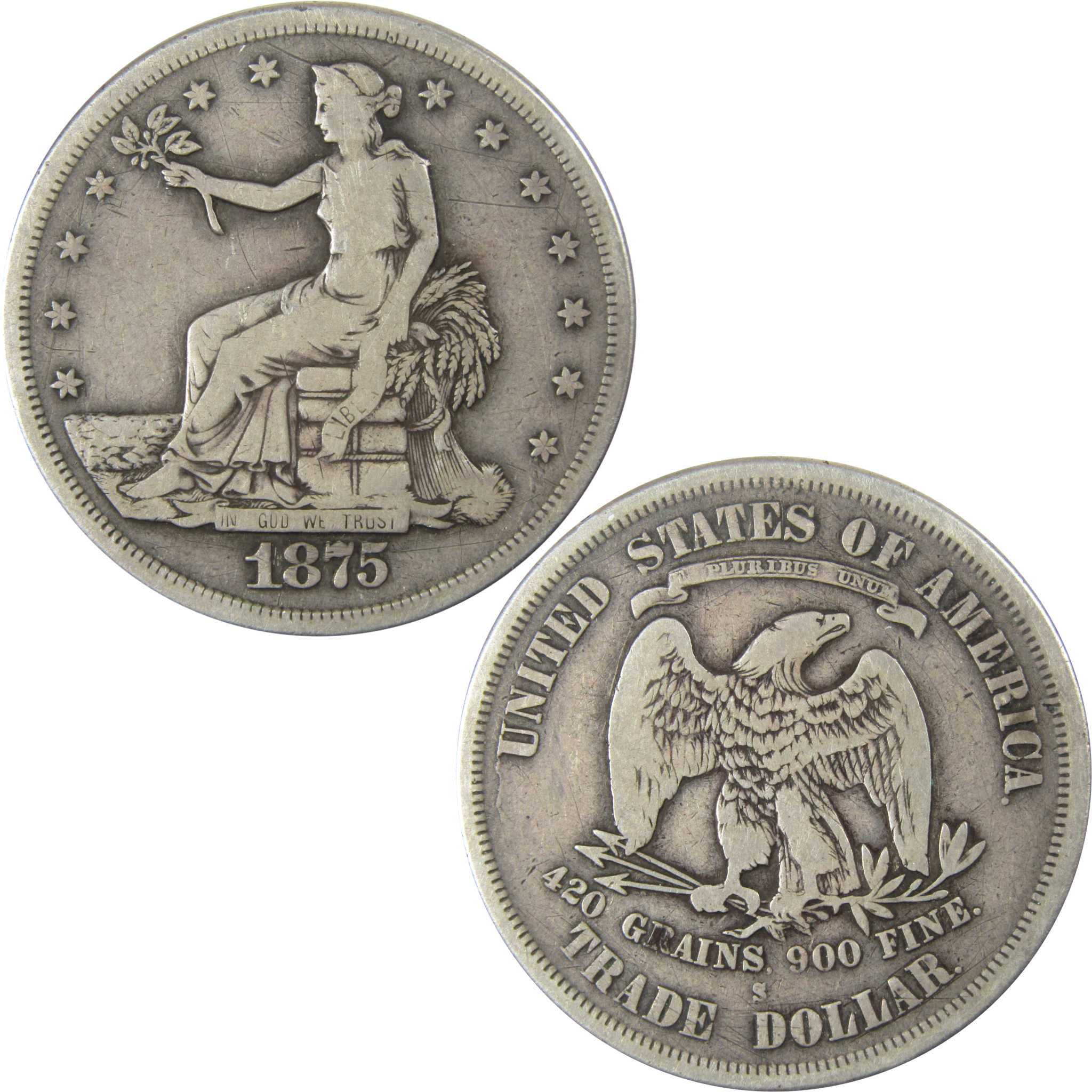 1875 S Trade Silver Dollar F Fine $1 Coin Collectible SKU:I25907