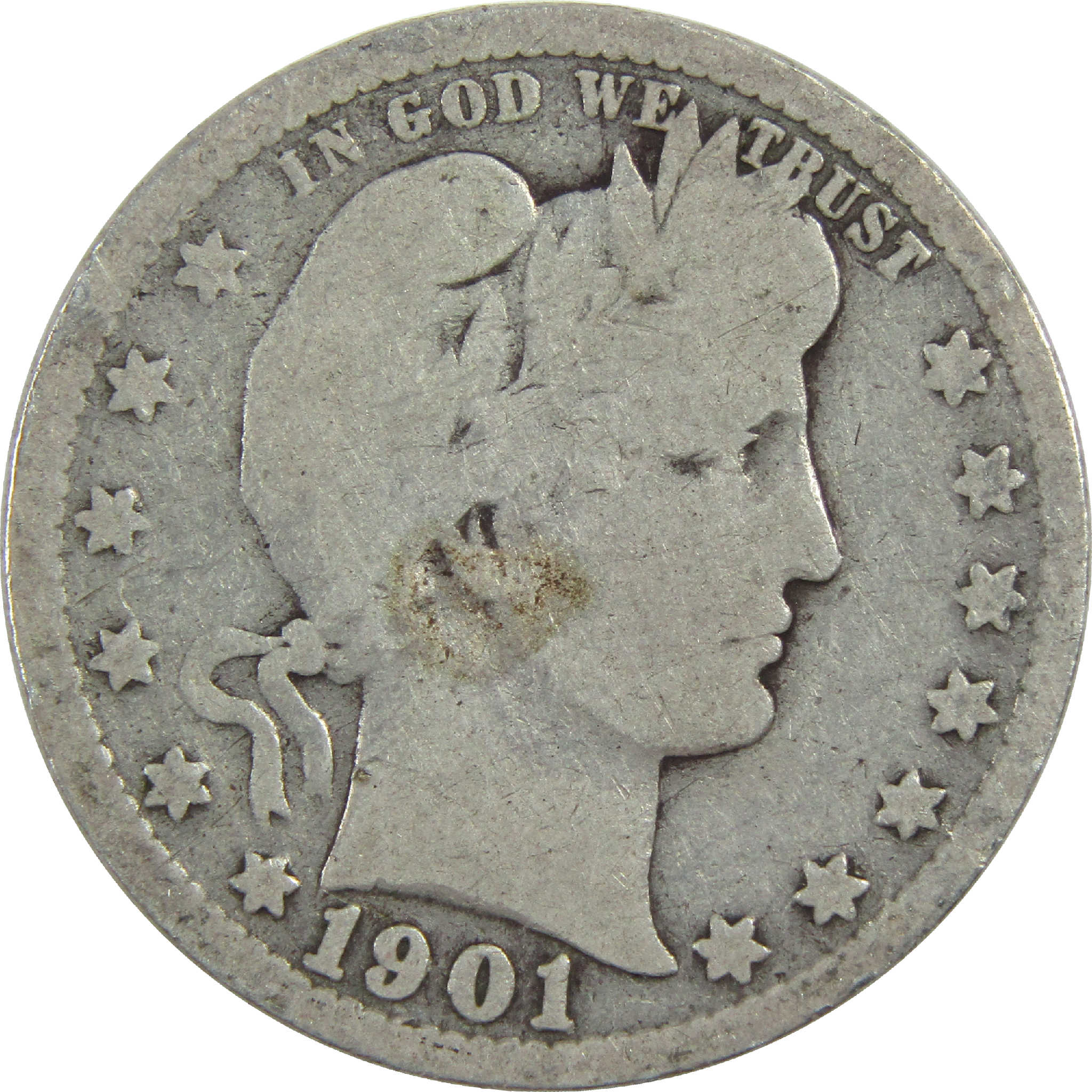 1901 Barber Quarter G Good Silver 25c Coin SKU:I13183