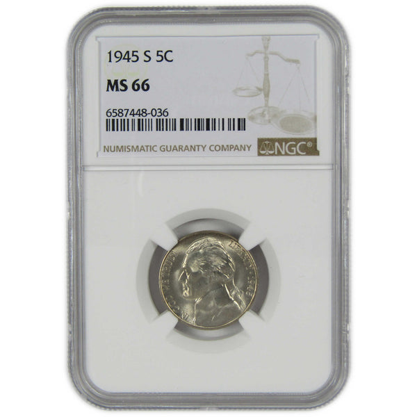 1945 S Jefferson Wartime Silver Nickel MS 66 NGC 5c Coin SKU:I28835