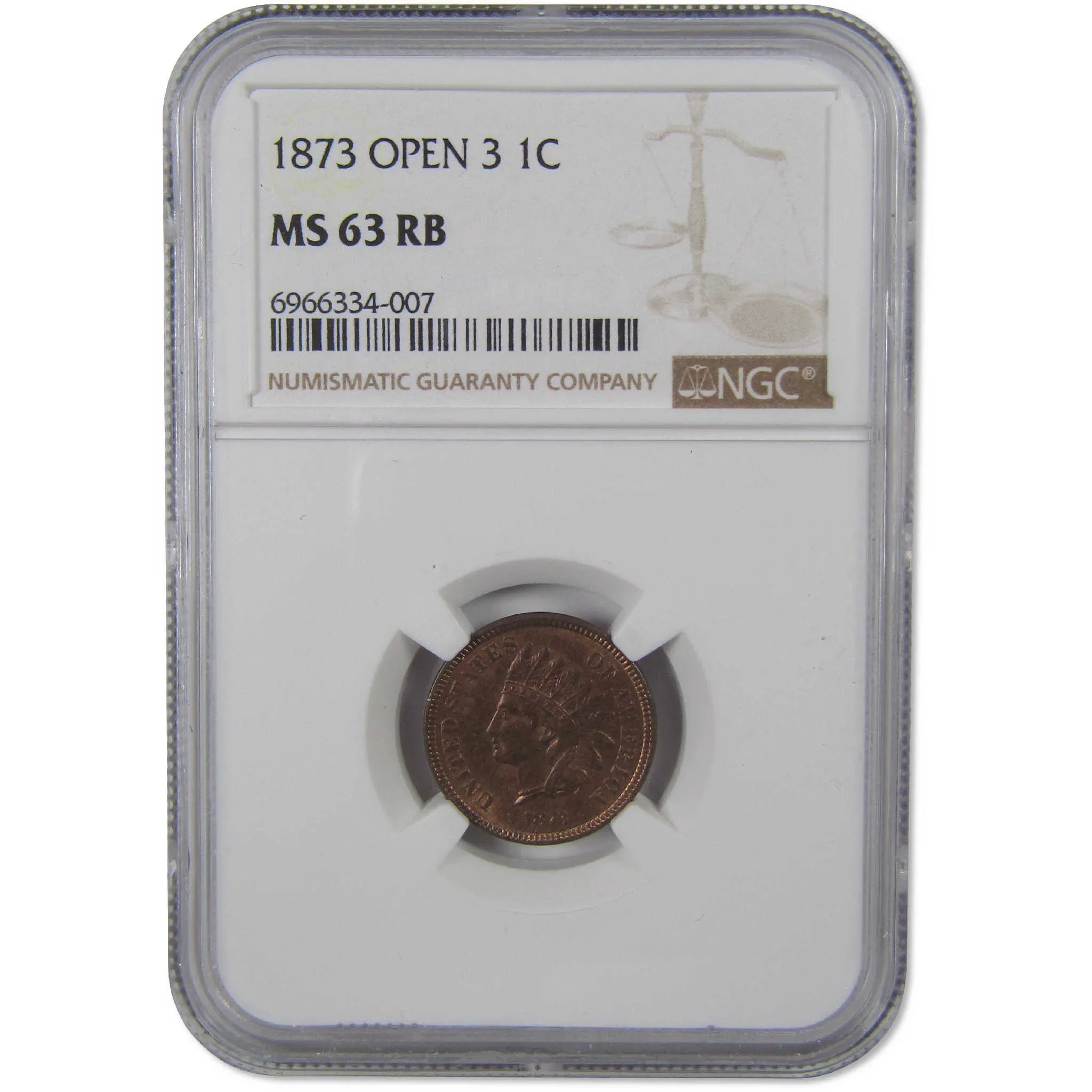 1873 Open 3 Indian Head Cent MS 63 RB NGC Penny Uncirculated 1c Coin