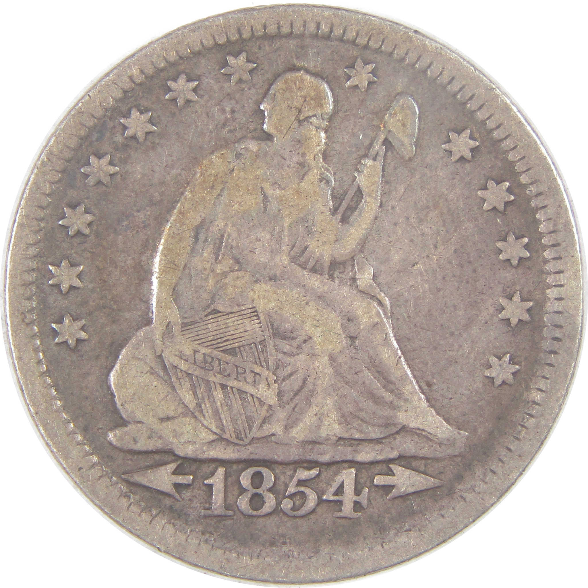 1854 Seated Liberty Quarter F Fine Silver 25c Coin SKU:I17114