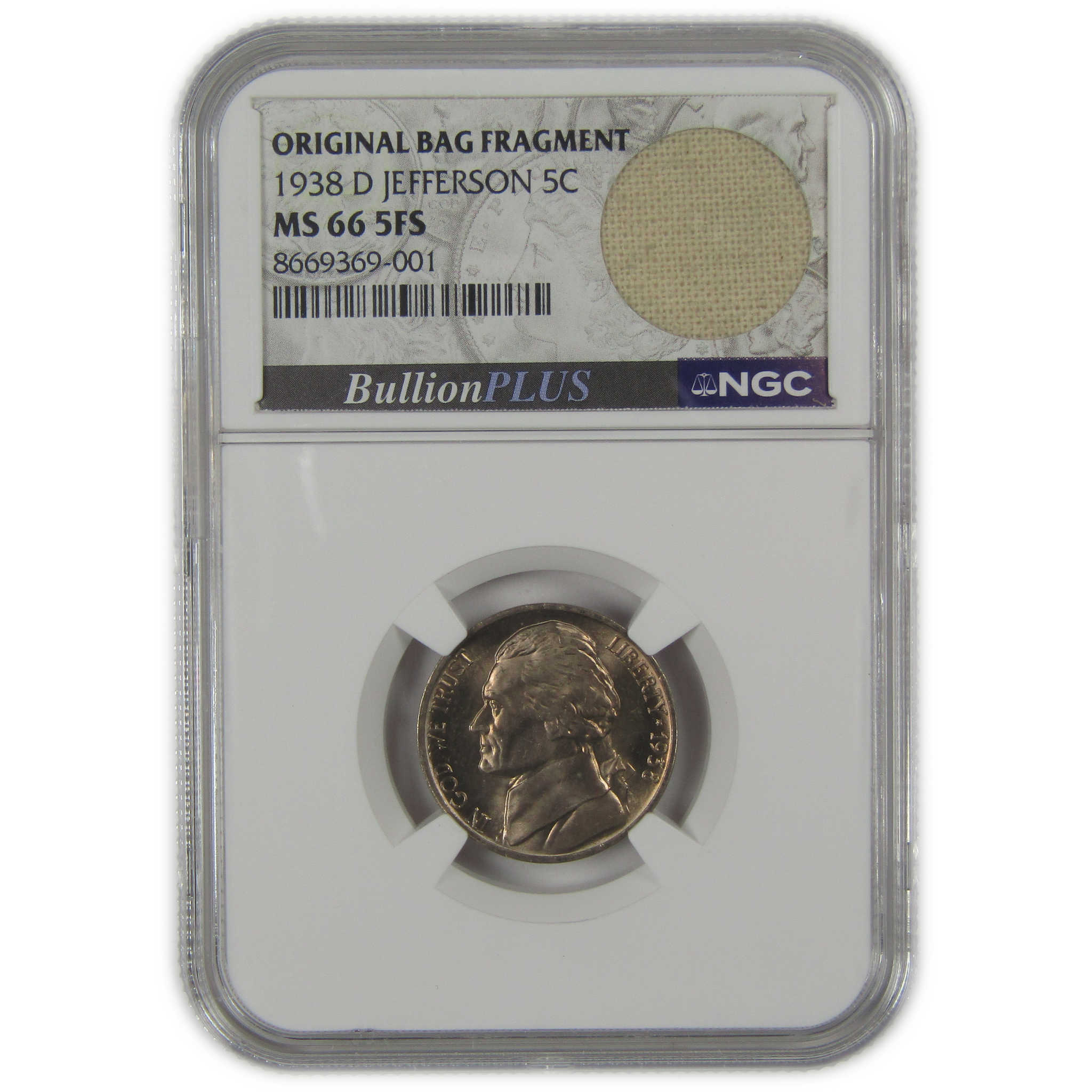 1938 D Jefferson Nickel MS 66 5FS NGC Original Bag Fragment SKU:I23488