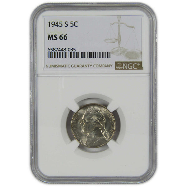 1945 S Jefferson Wartime Silver Nickel MS 66 NGC 5c Coin SKU:I28832