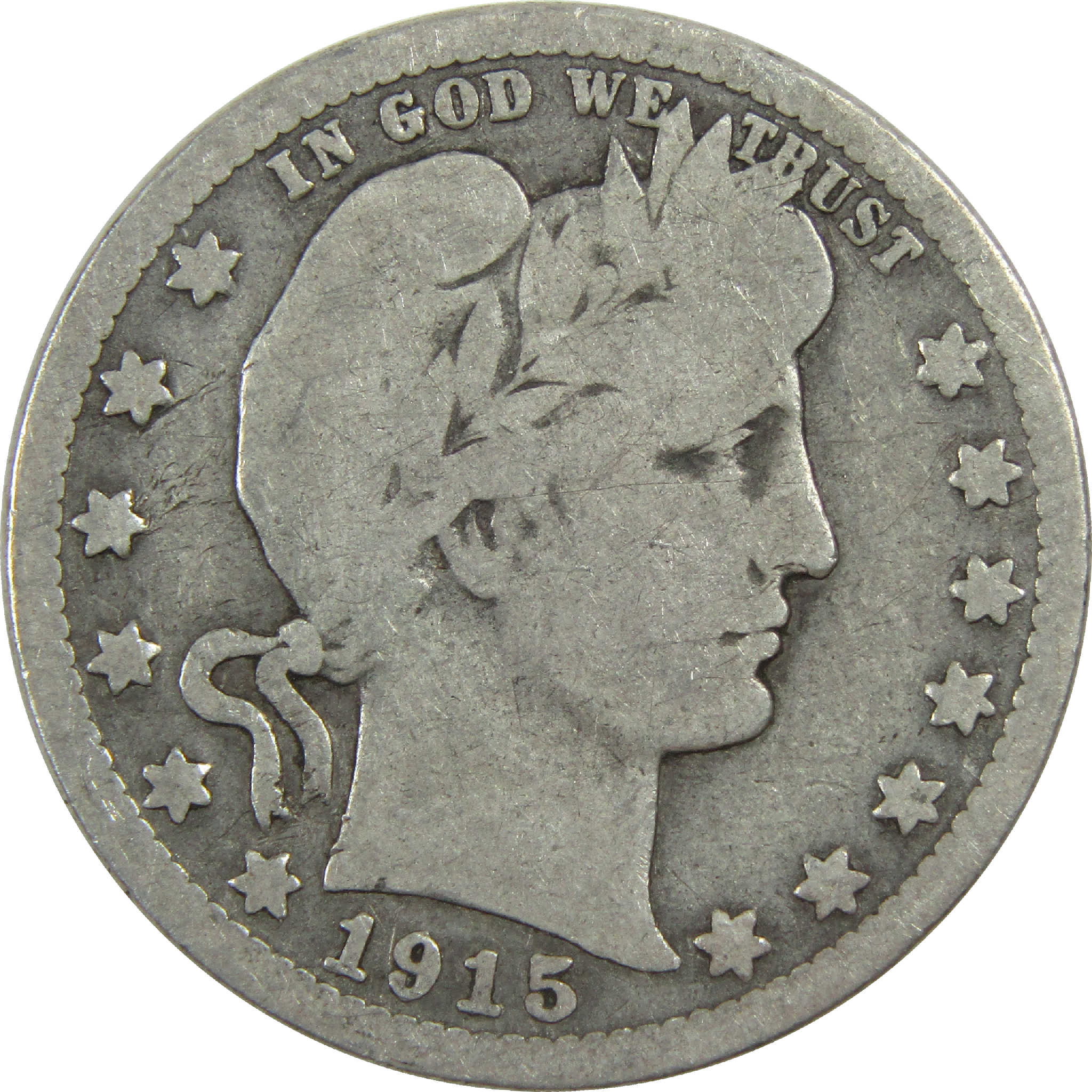 1915 Barber Quarter G Good Silver 25c Coin SKU:I13172