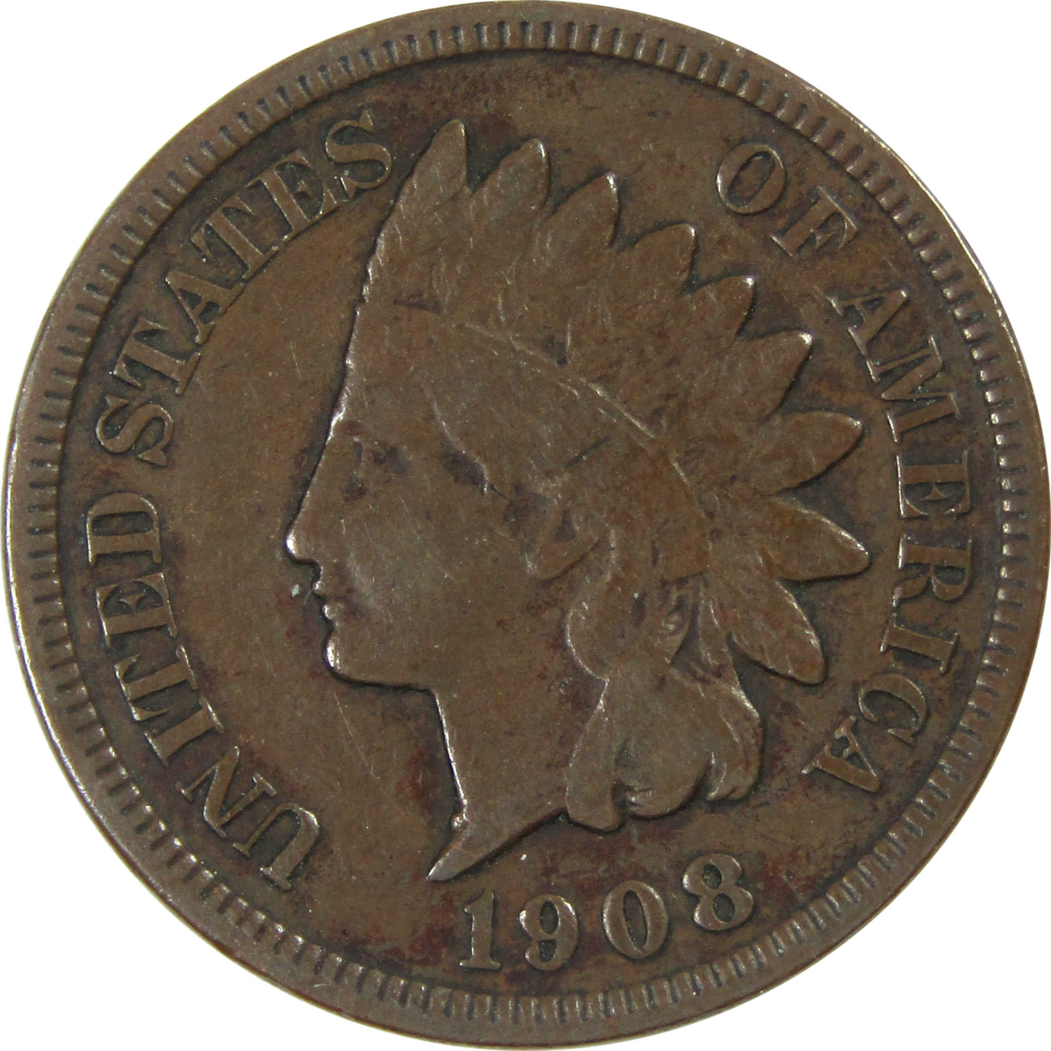 1908 S Indian Head Cent F Fine Penny 1c Coin SKU:I13665