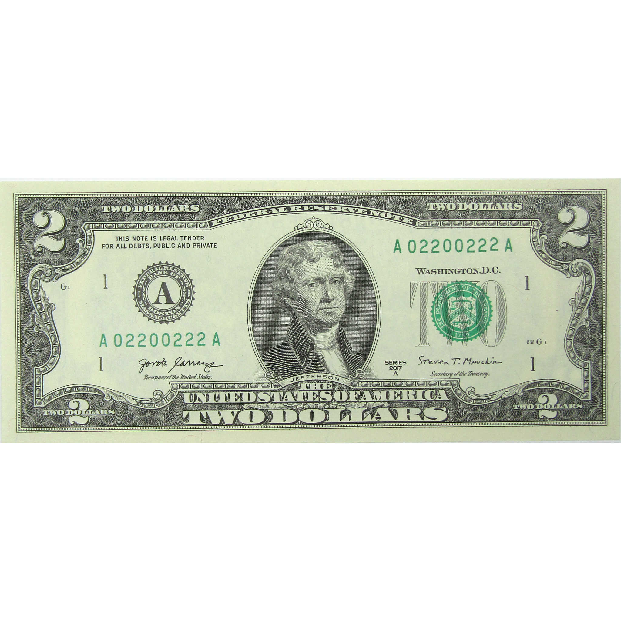 2017 A $2 Federal Reserve Note CCU Choice Crisp Uncirculated Currency