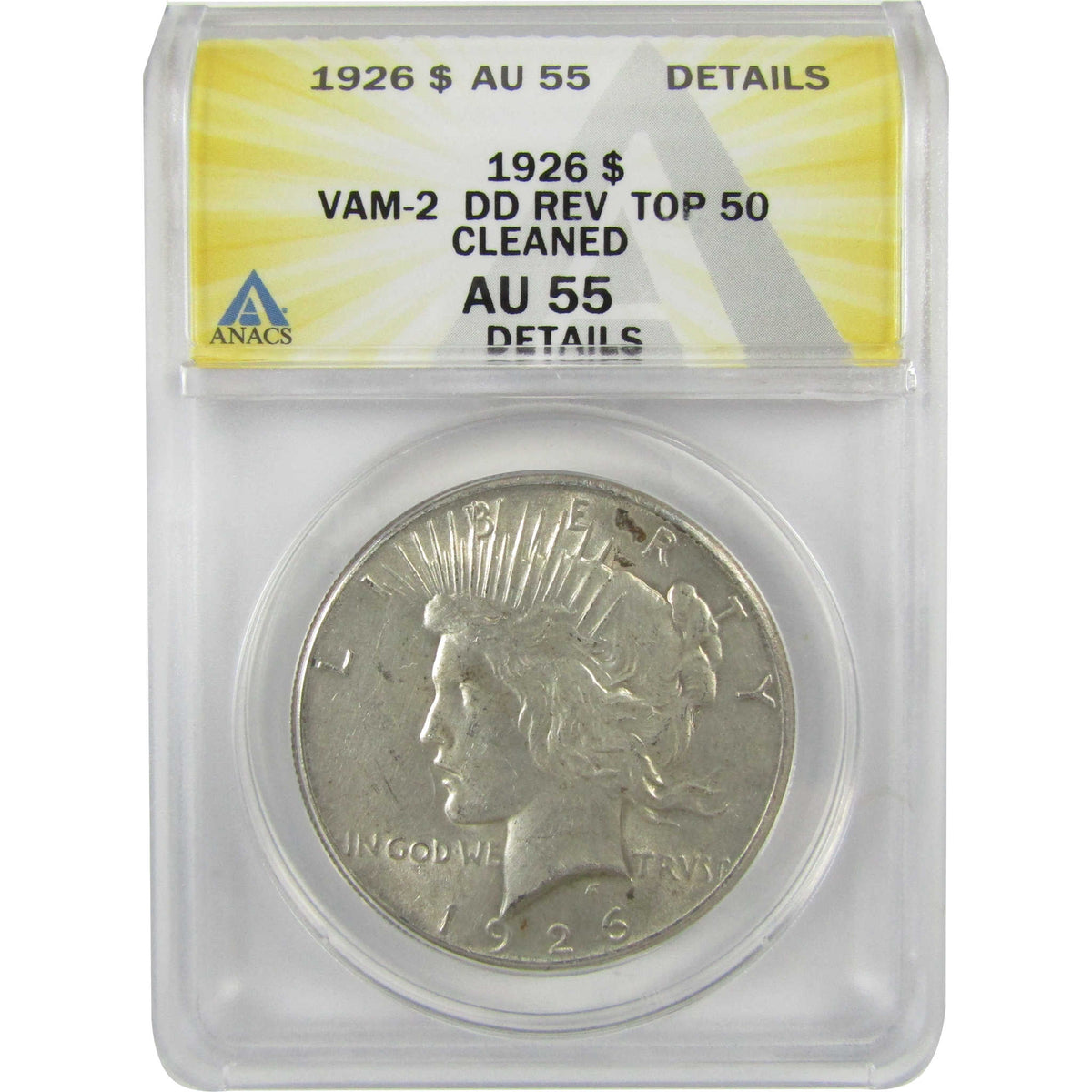 1926 VAM-2 Dbl Rev Peace Silver $1 AU 55 Details ANACS SKU:I28589