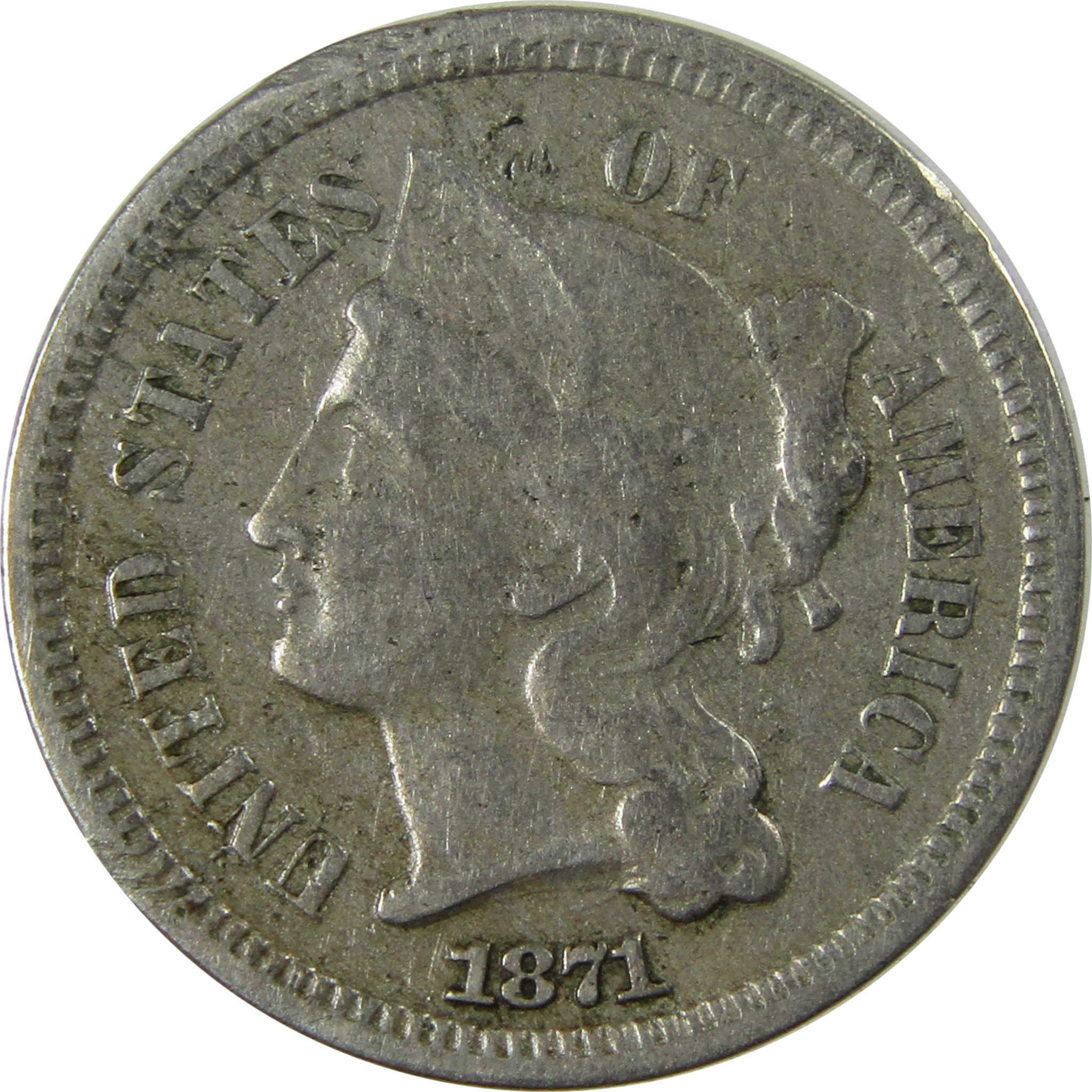 1871 Nickel Three Cent Piece VF Very Fine 3c Coin SKU:I25893