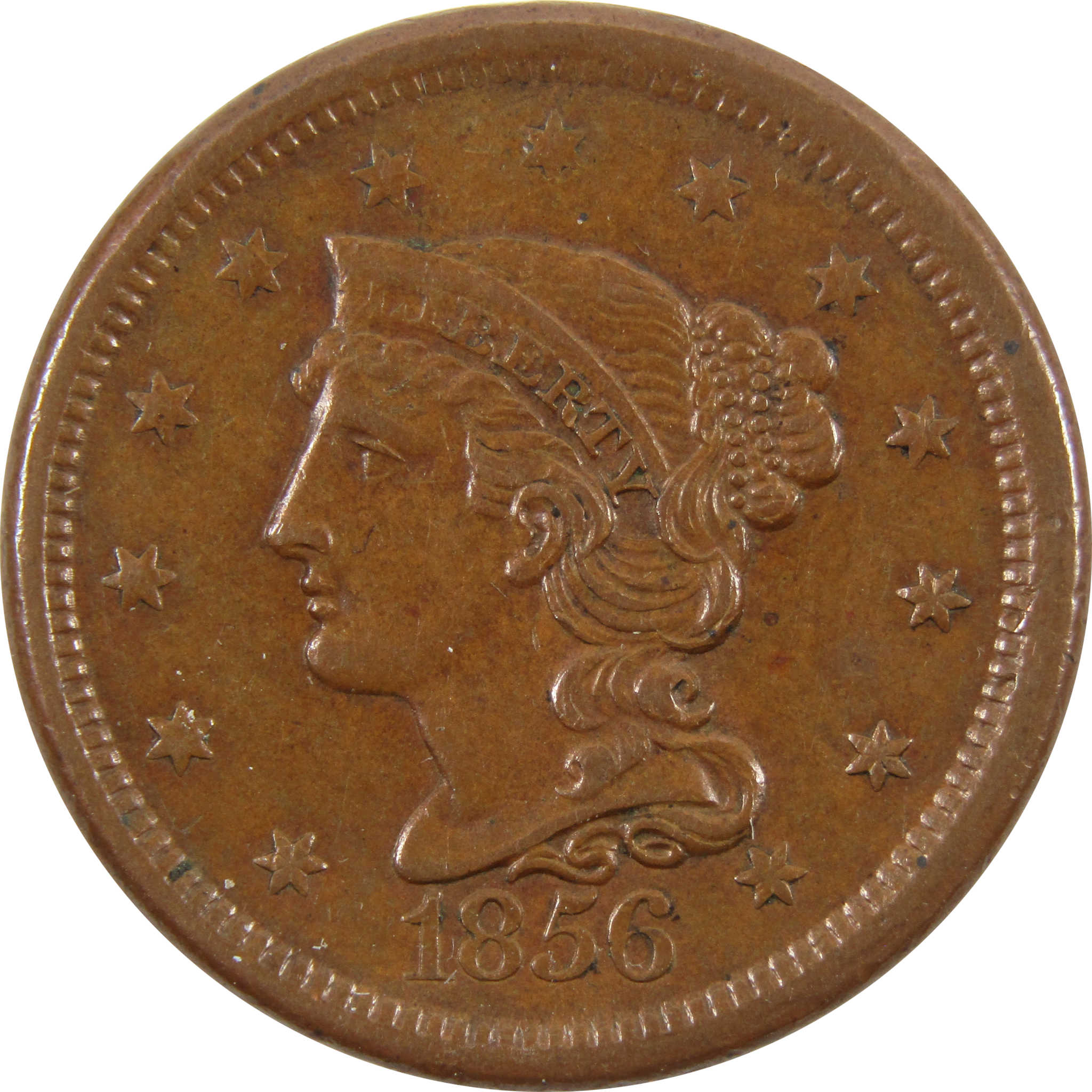 1856 Slanting 5 Braided Hair Large Cent AU Copper Penny 1c SKU:I10955