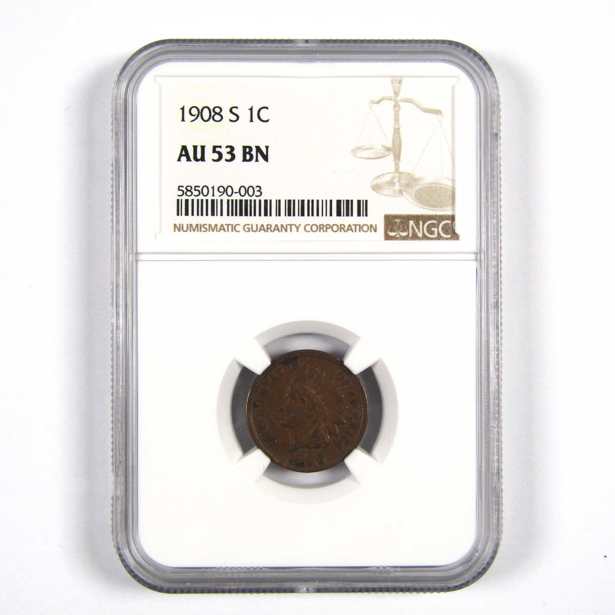 1908 S Indian Head Cent AU 53 BN NGC Penny 1c Coin SKU:I8660