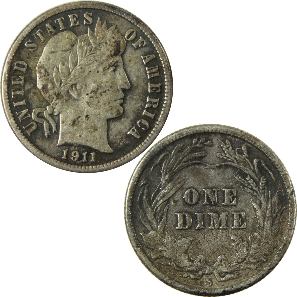 1911 S Barber Silver Dime F Fine 10c Coin Collectible SKU:I28152