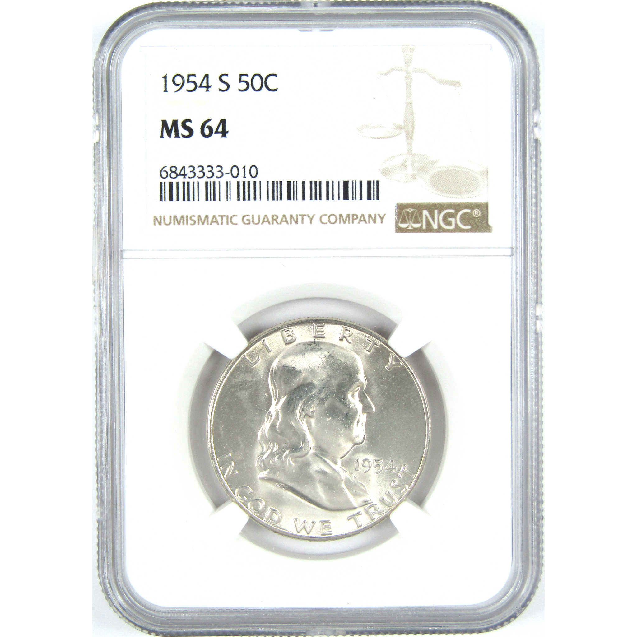 1954 S Franklin Half Dollar MS 64 NGC Silver 50c Unc Coin SKU:I15223