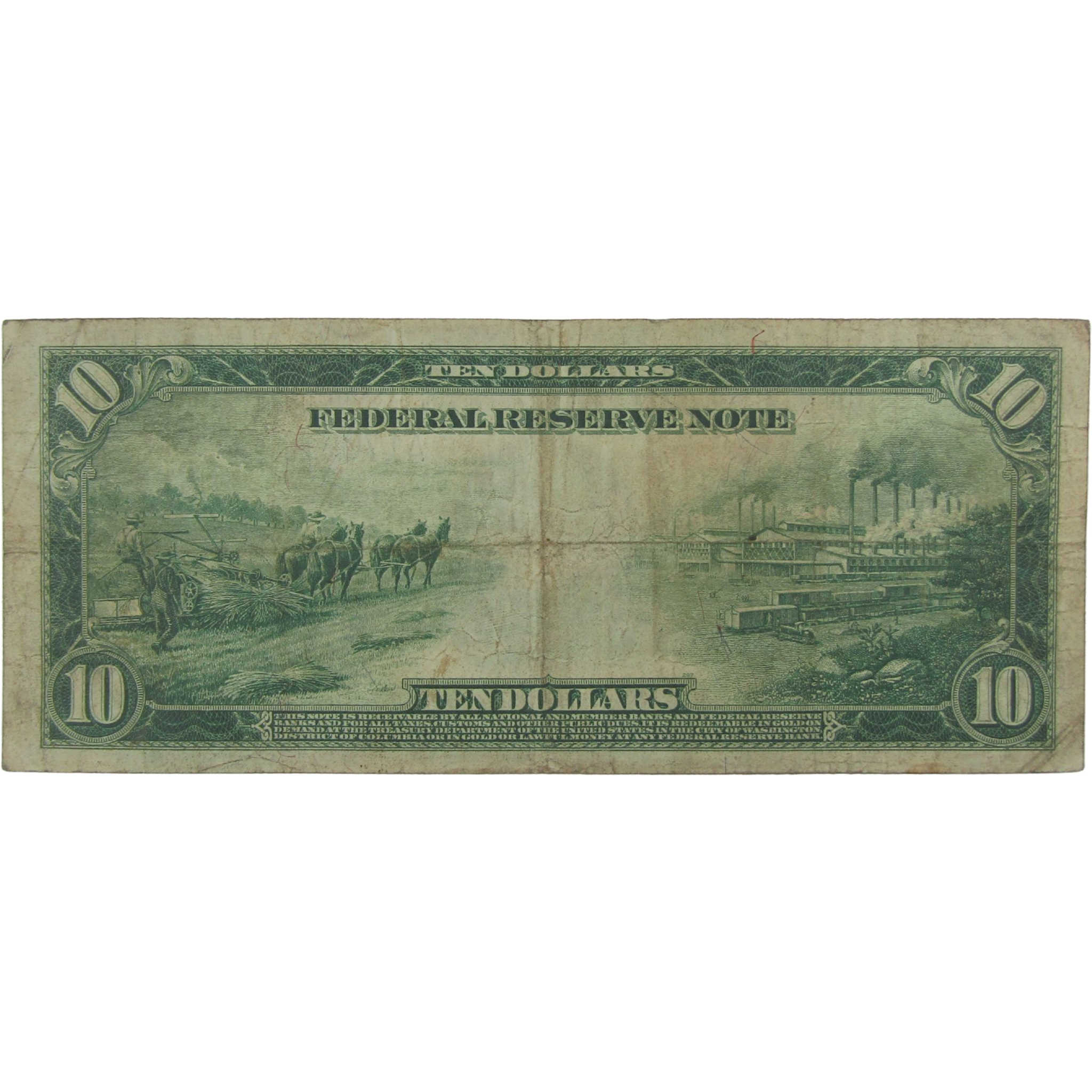 1914 $10 Large Size Federal Reserve Note Fr 905 F Fine Currency