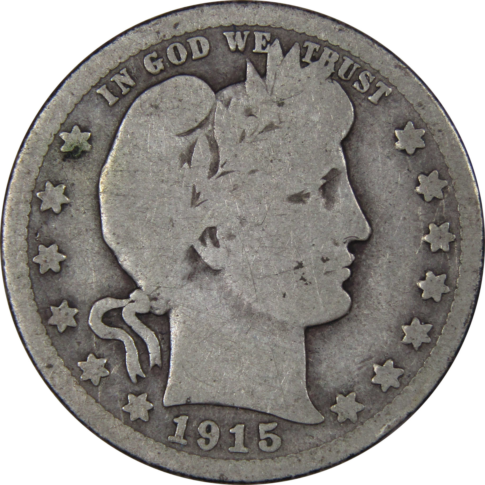 1915 S Barber Quarter G Good 90% Silver 25c US Type Coin SKU:IPC7861