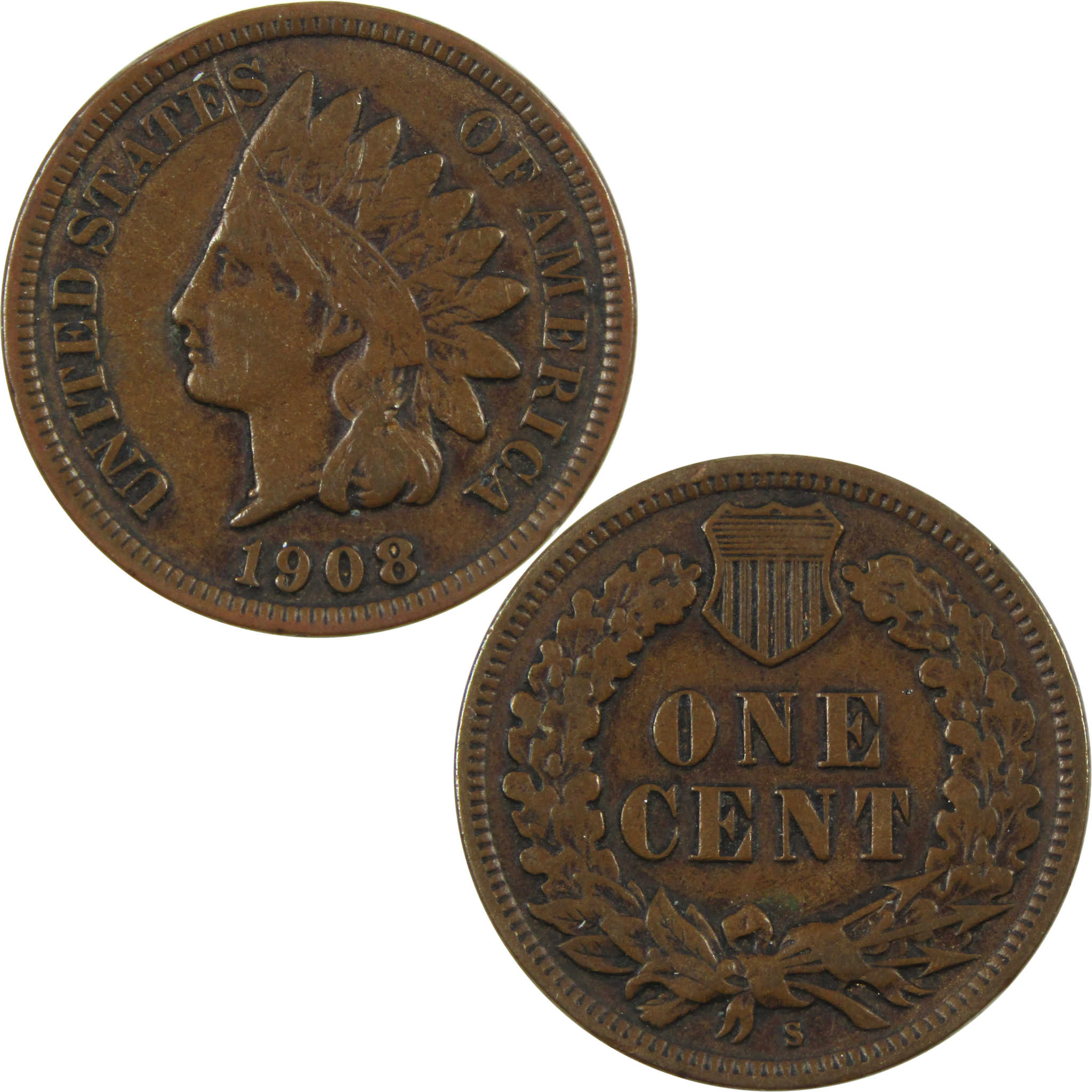 1908 S Indian Head Cent VF Very Fine Penny 1c Coin SKU:I14054