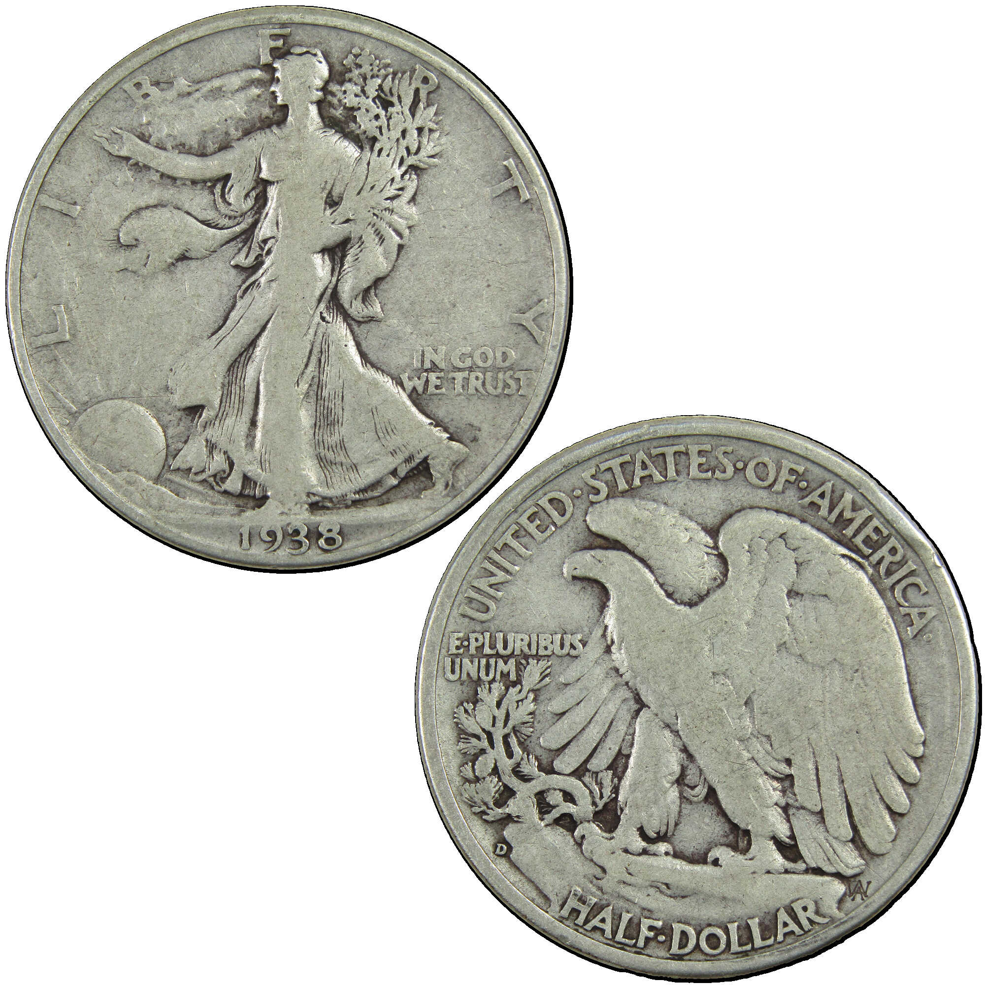 1938 D Liberty Walking Half Dollar F Fine Silver 50c Coin SKU:I12885