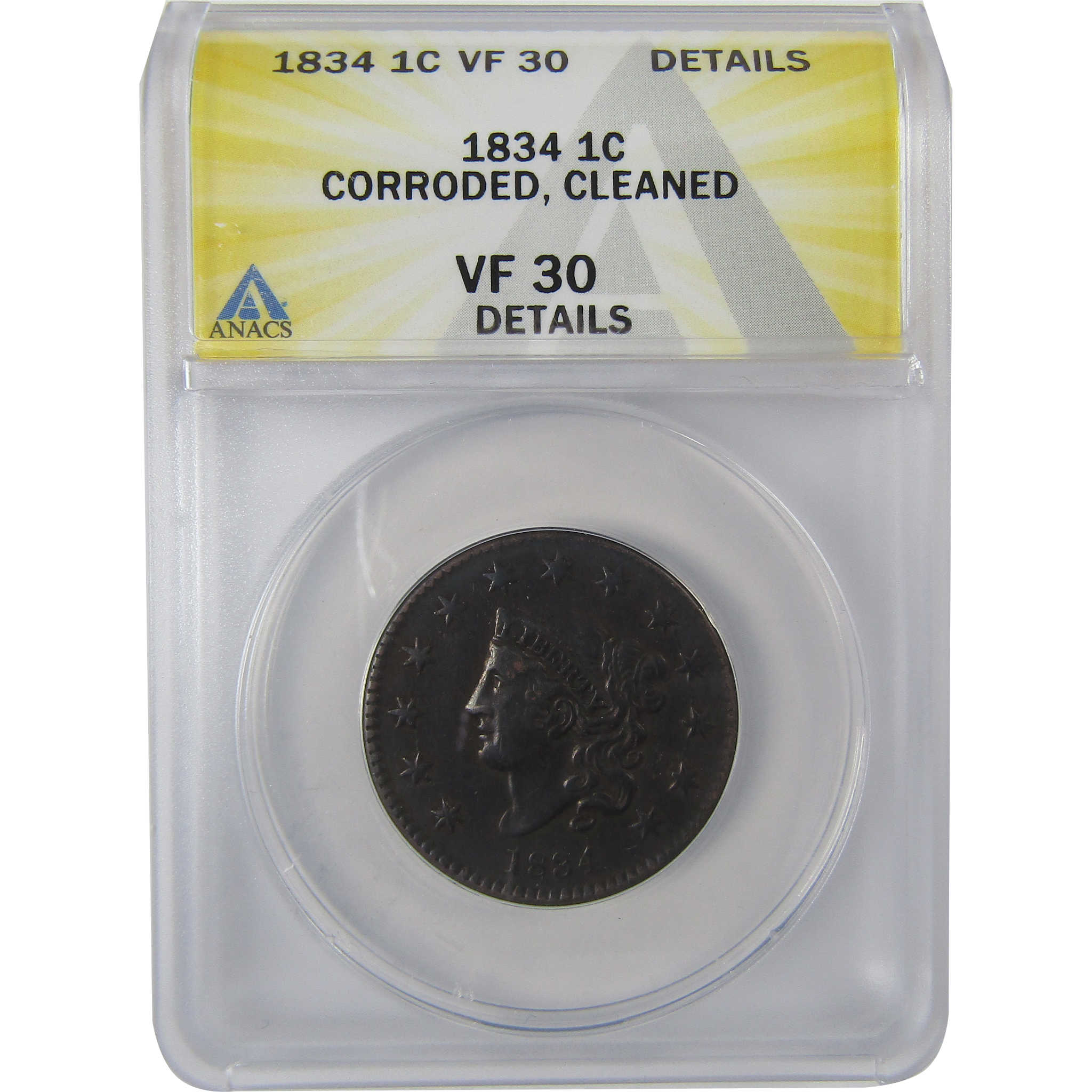 1834 Small 8 Large Stars Large Cent VF 30 Details ANACS SKU:CPC1141
