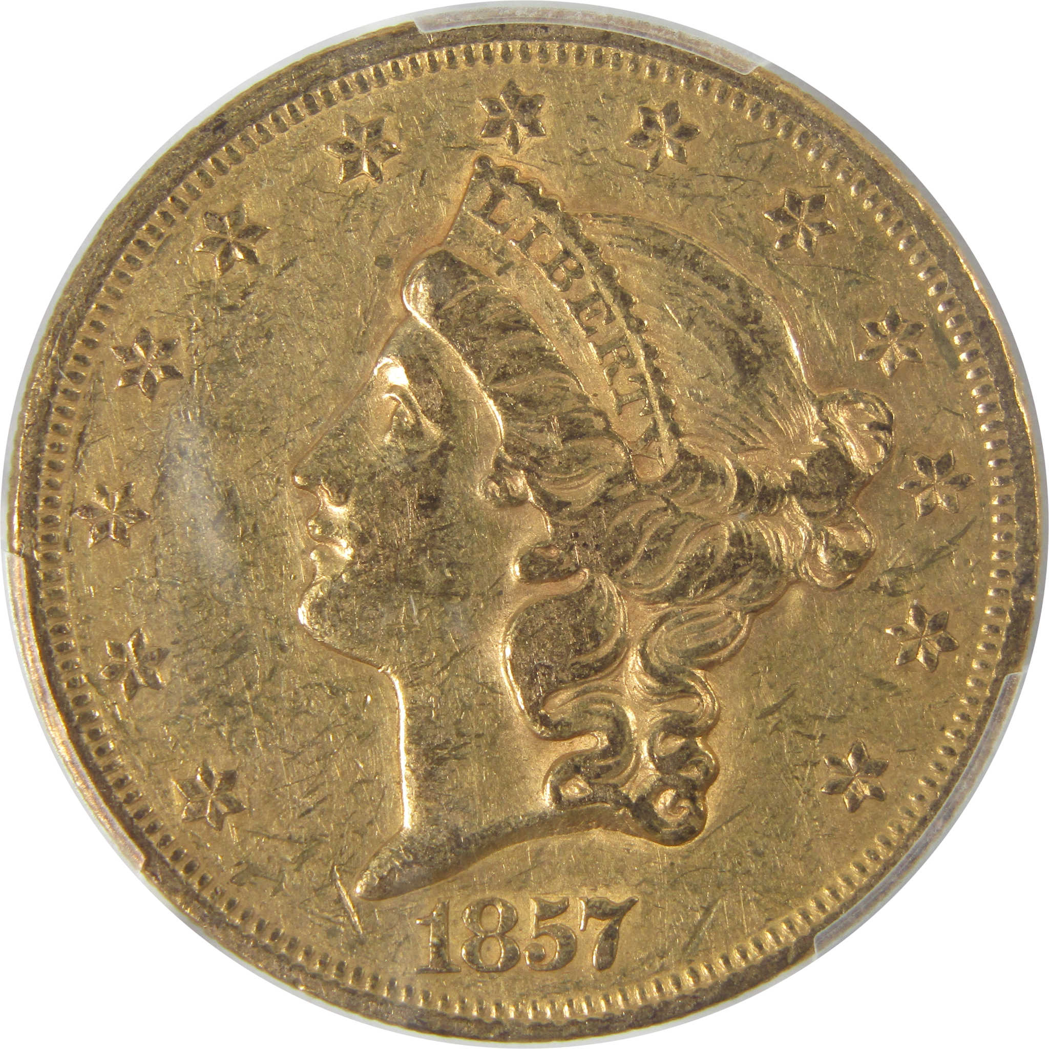 1857 Liberty Head Double Eagle AU 53 PCGS Gold $20 Coin